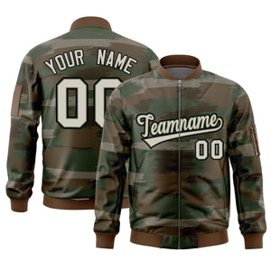 Custom Khaki Black Varsity Full-Zip Camo Letterman Bomber Jacket