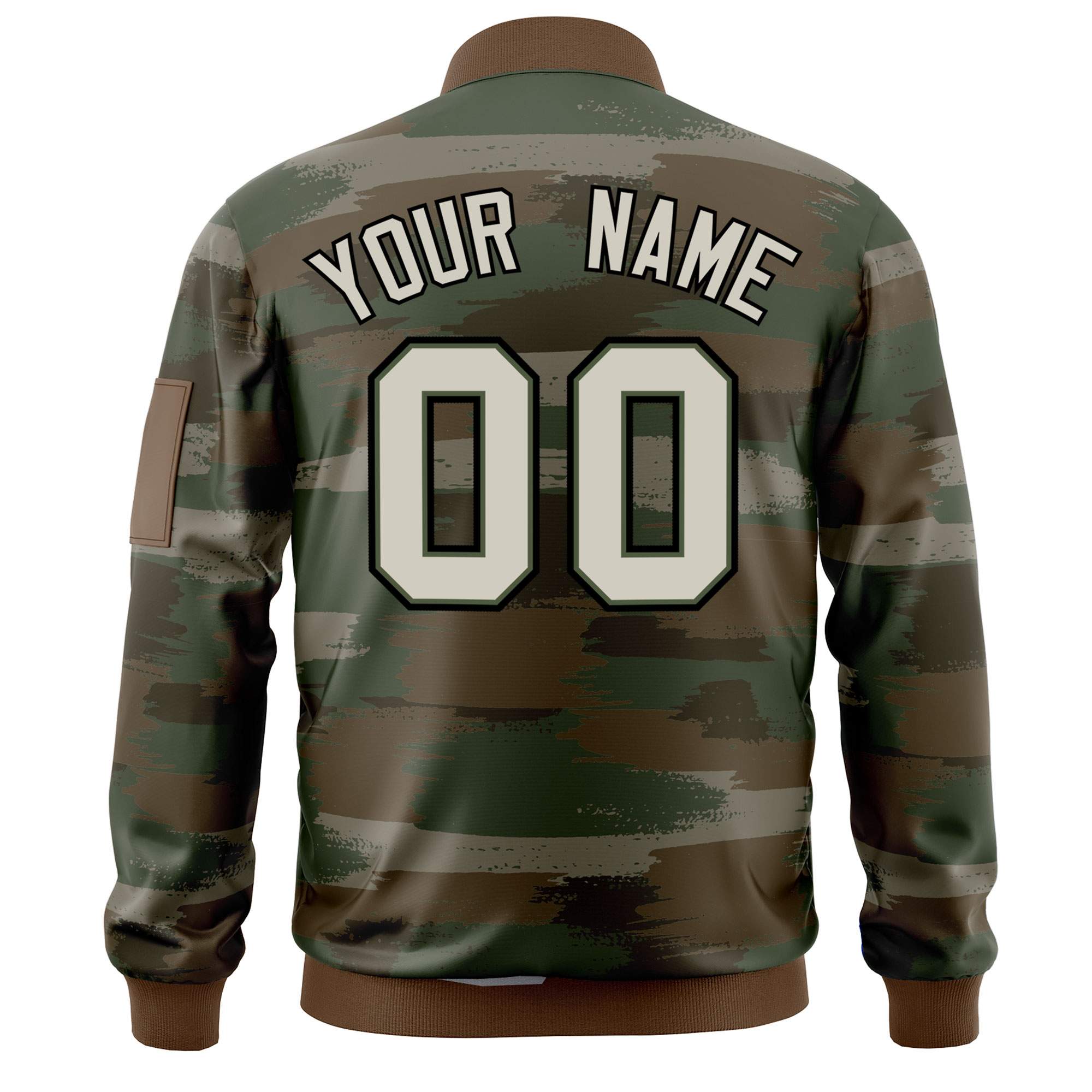 Custom Khaki Black Varsity Full-Zip Camo Letterman Bomber Jacket