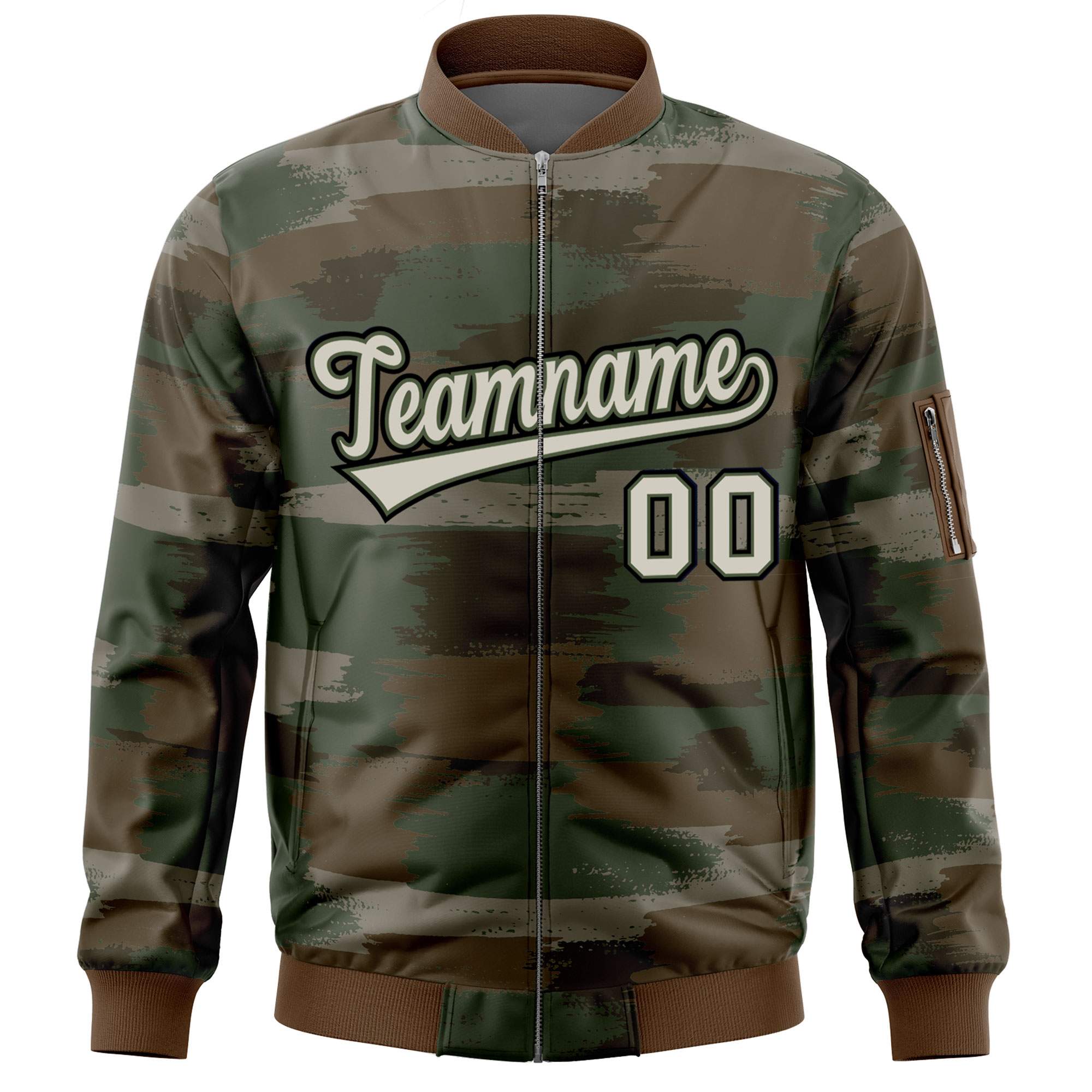 Custom Khaki Black Varsity Full-Zip Camo Letterman Bomber Jacket