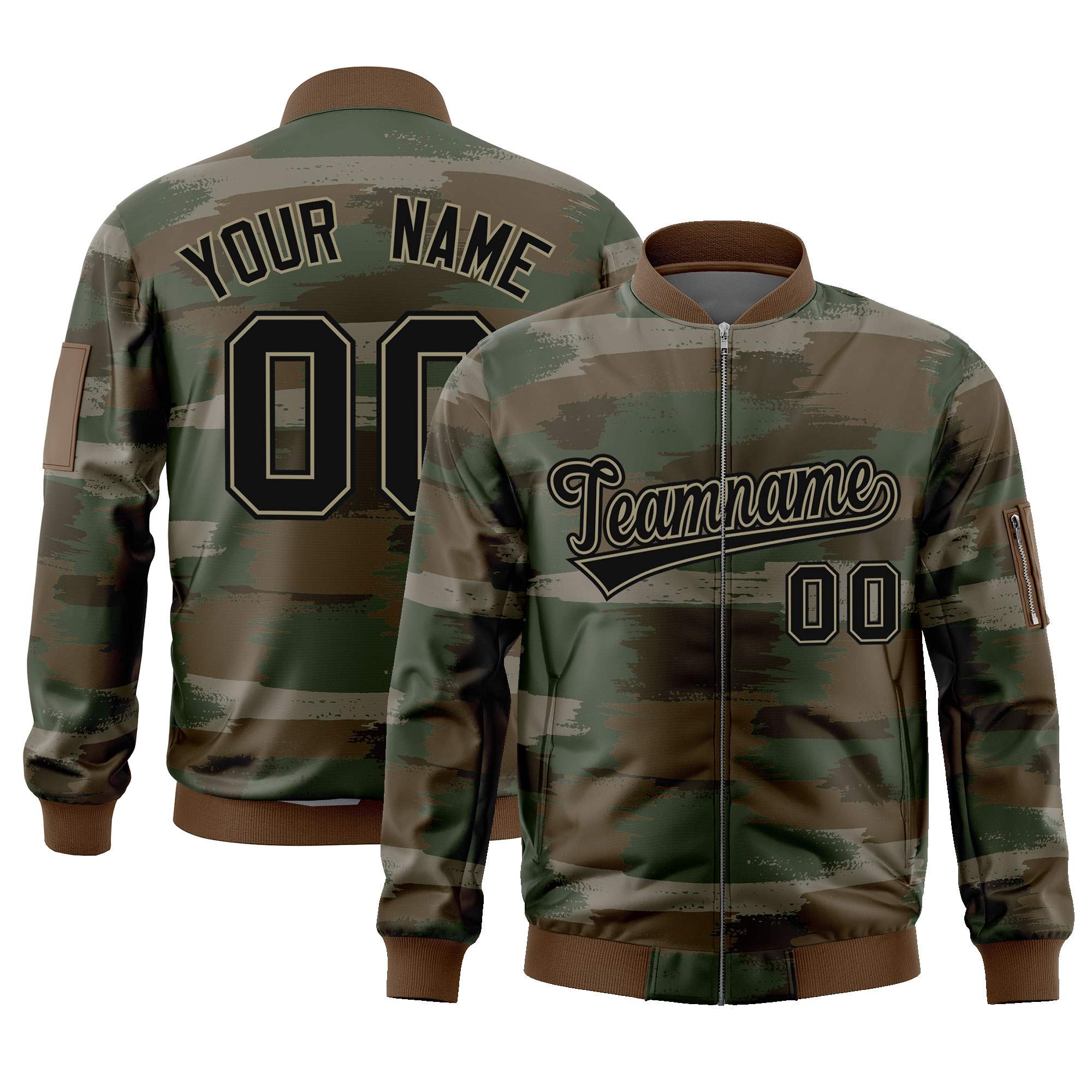 Custom Black Khaki Varsity Full-Zip Camo Letterman Bomber Jacket