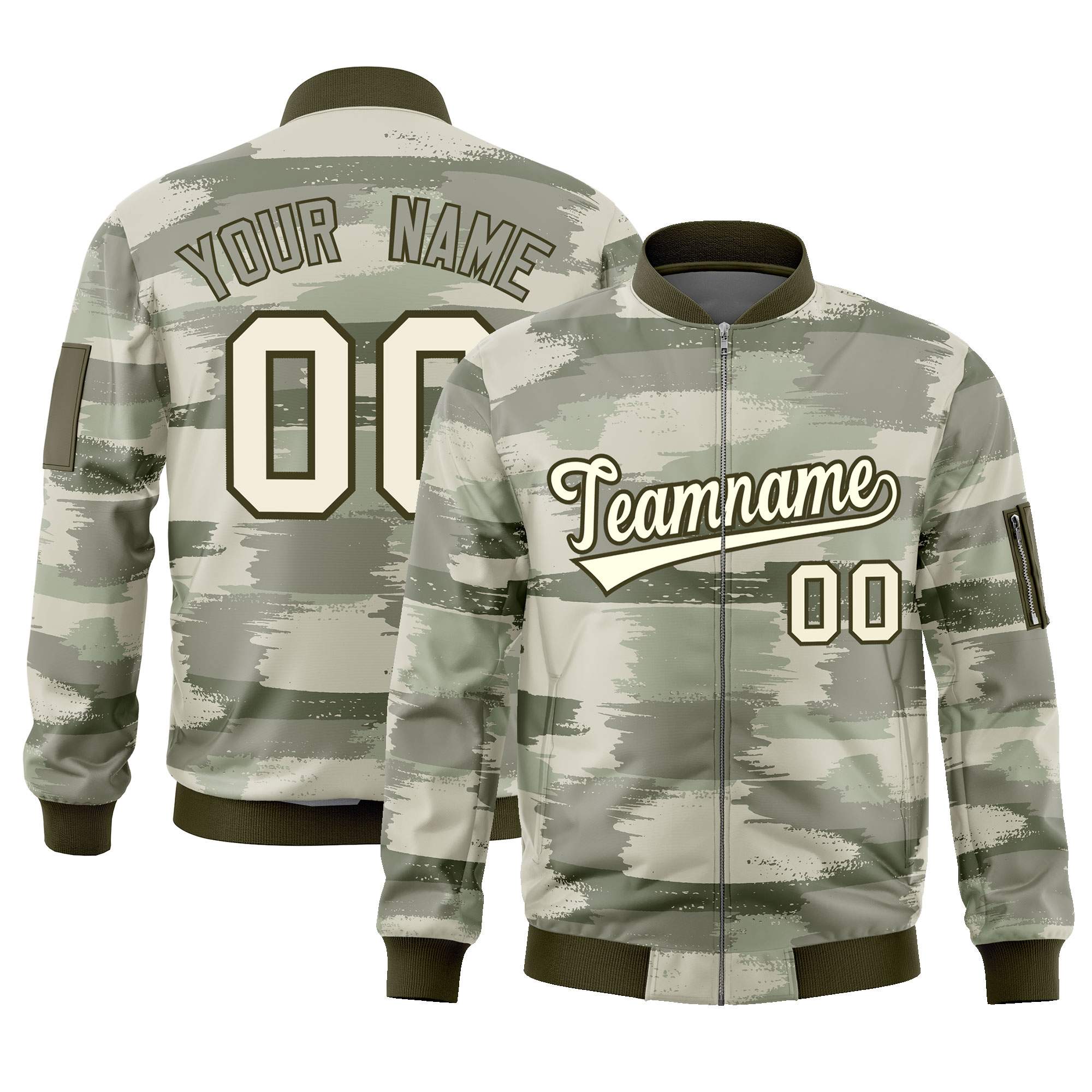 Custom Khaki Olive Varsity Full-Zip Camo Letterman Bomber Jacket