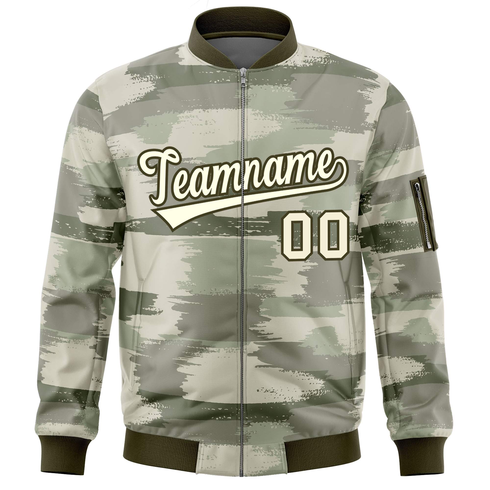 Custom Khaki Olive Varsity Full-Zip Camo Letterman Bomber Jacket