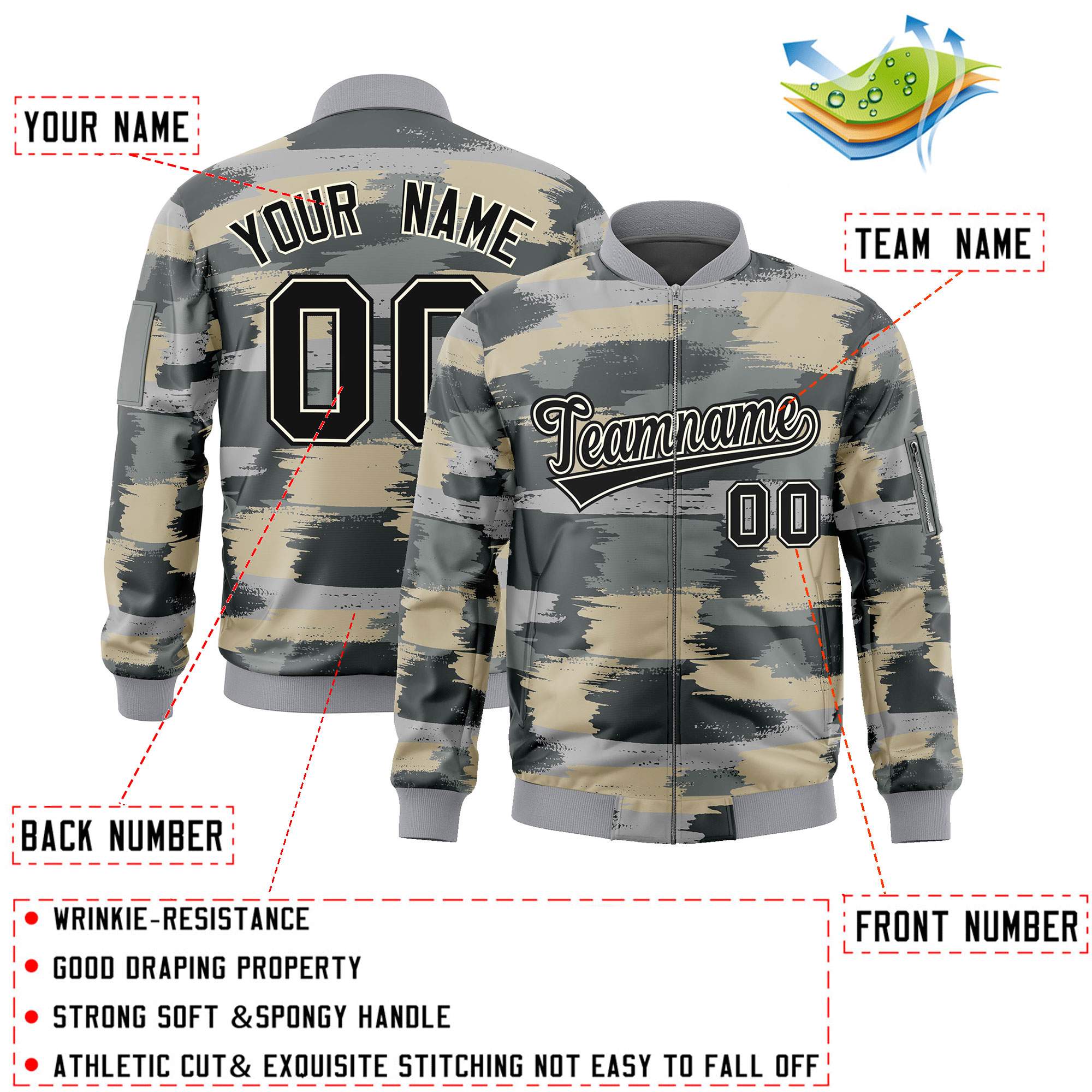 Custom Black Khaki Varsity Full-Zip Camo Letterman Bomber Jacket