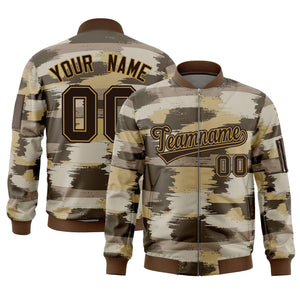 Custom Brown Old Gold Varsity Full-Zip Camo Letterman Bomber Jacket