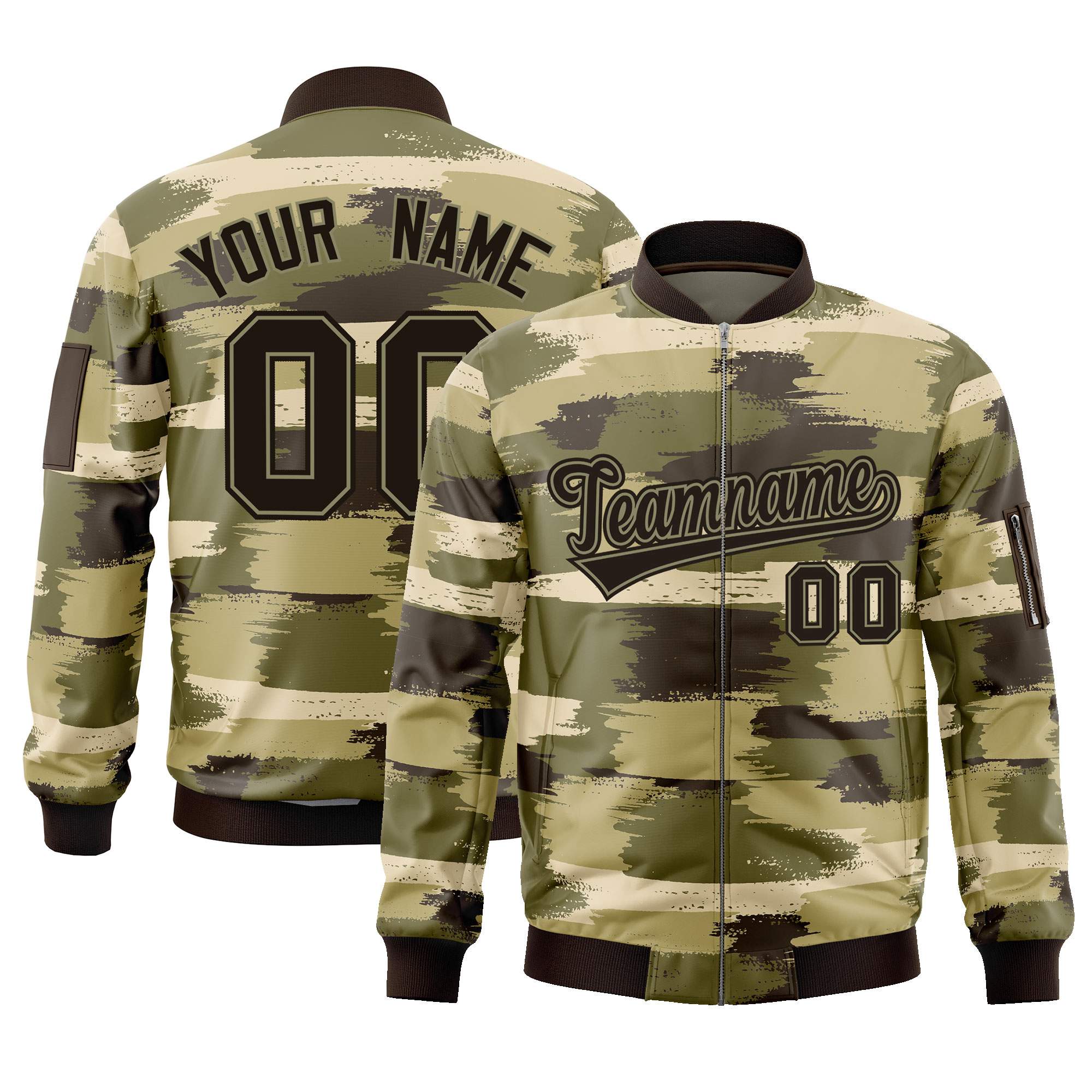 Custom Black Khaki Varsity Full-Zip Camo Letterman Bomber Jacket