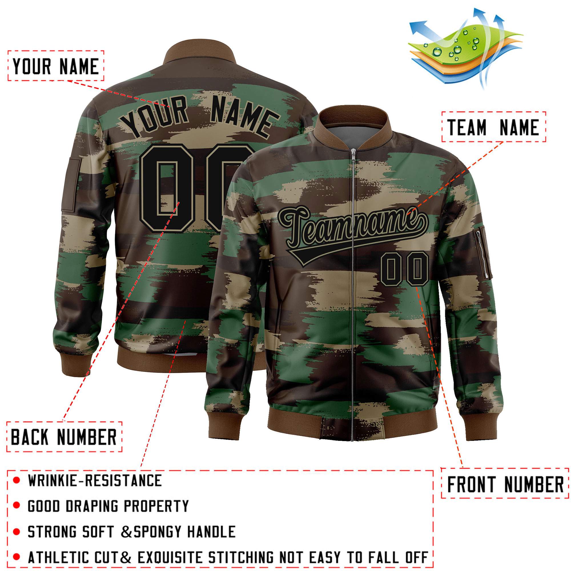 Custom Black Khaki Varsity Full-Zip Camo Letterman Bomber Jacket