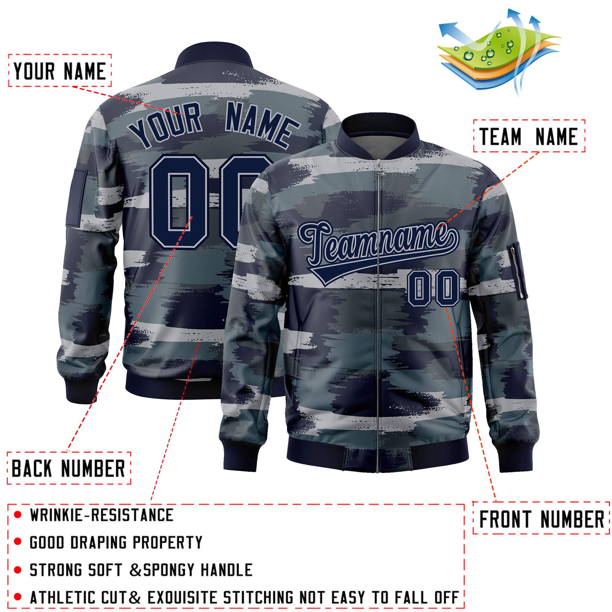 Custom Navy Gray Varsity Full-Zip Camo Letterman Bomber Jacket