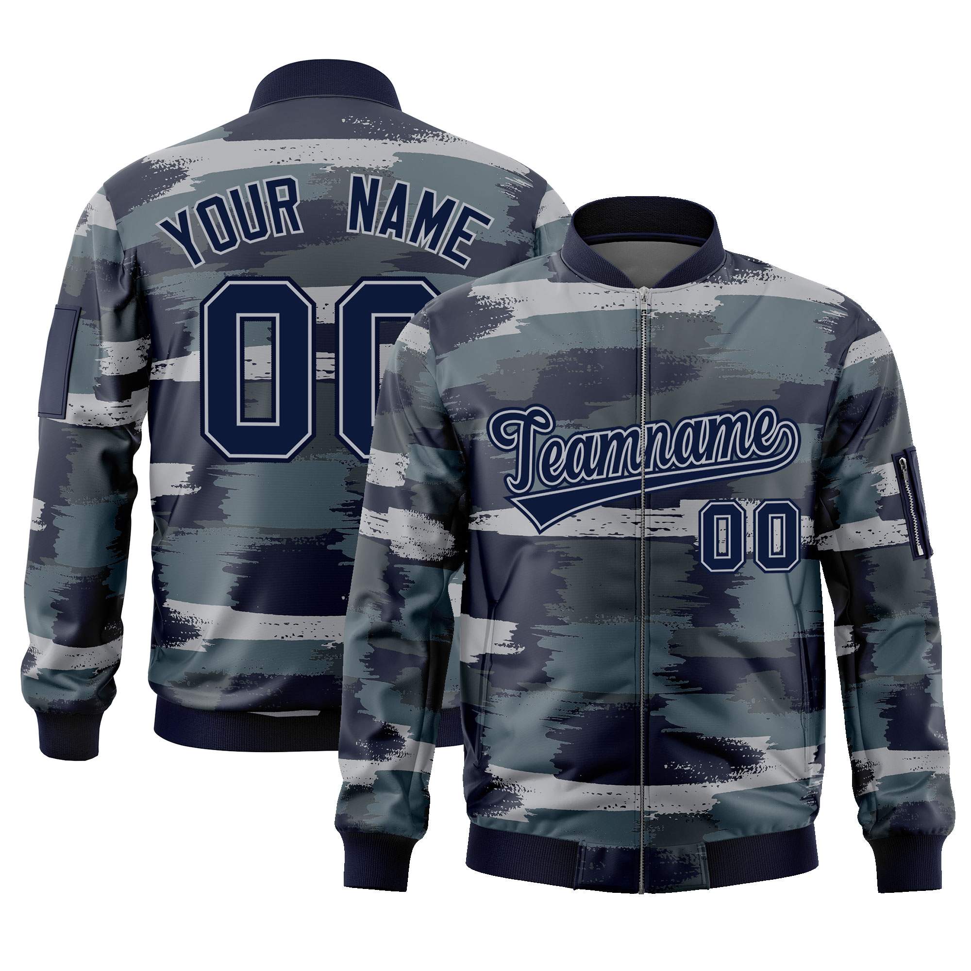 Custom Navy Gray Varsity Full-Zip Camo Letterman Bomber Jacket