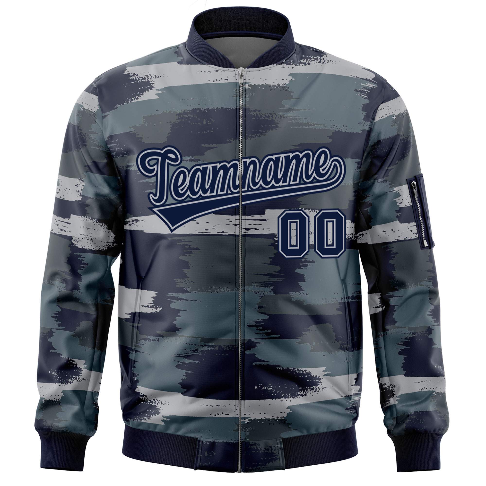 Custom Navy Gray Varsity Full-Zip Camo Letterman Bomber Jacket