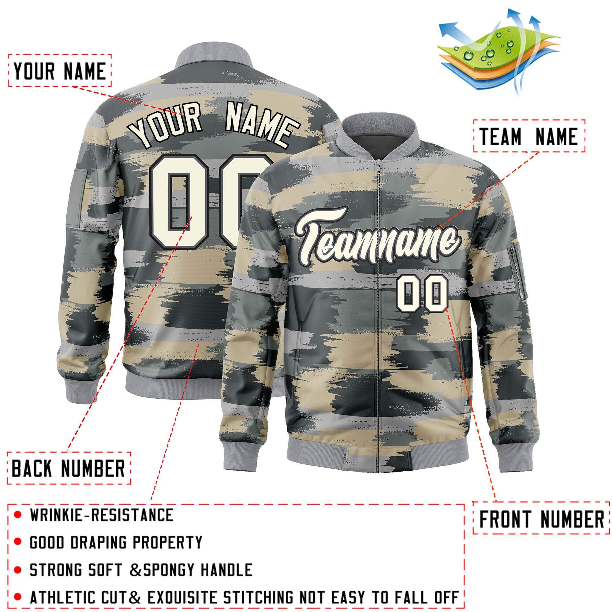 Custom Khaki Black Varsity Full-Zip Camo Letterman Bomber Jacket