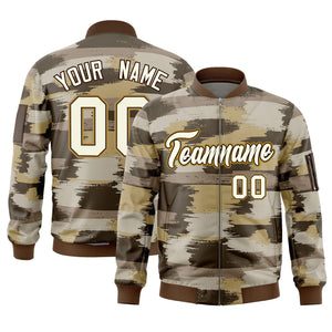 Custom Khaki Old Gold Varsity Full-Zip Camo Letterman Bomber Jacket