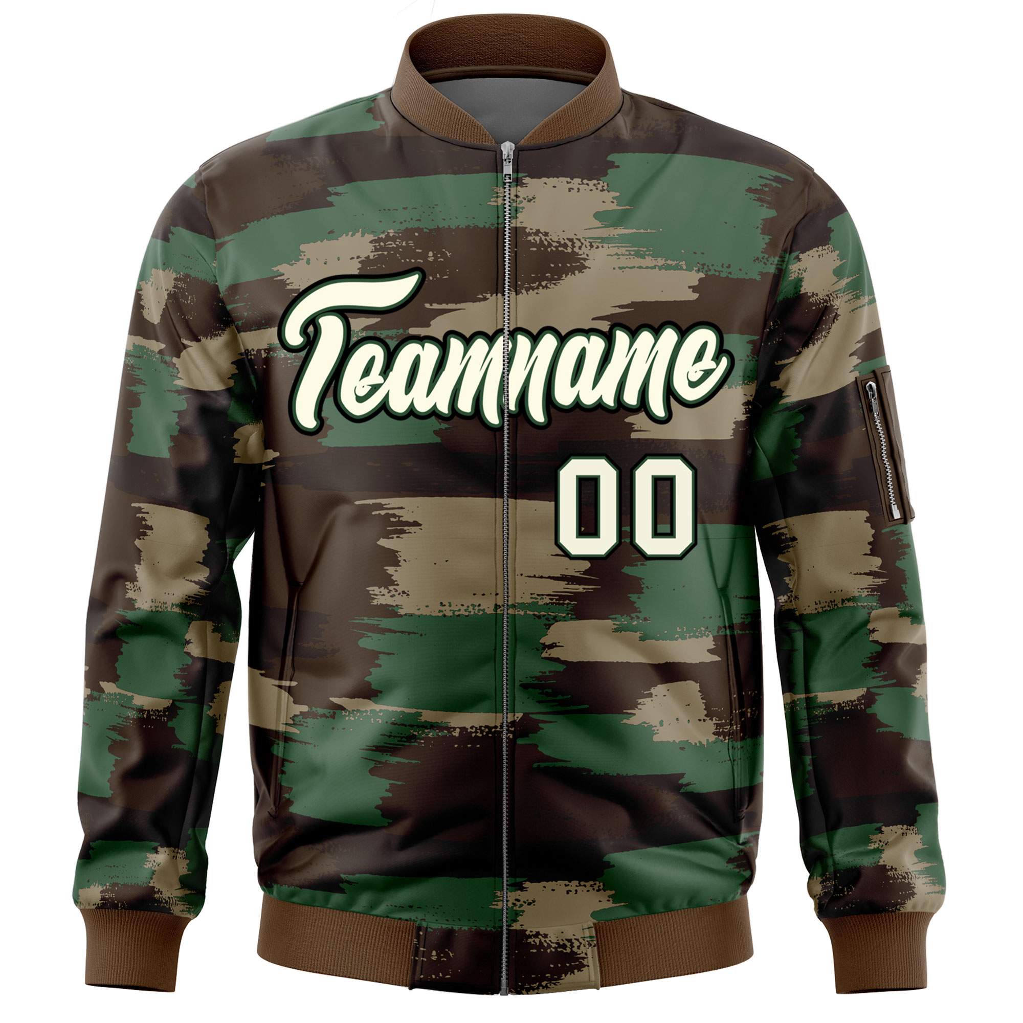 Custom Khaki Black Varsity Full-Zip Camo Letterman Bomber Jacket