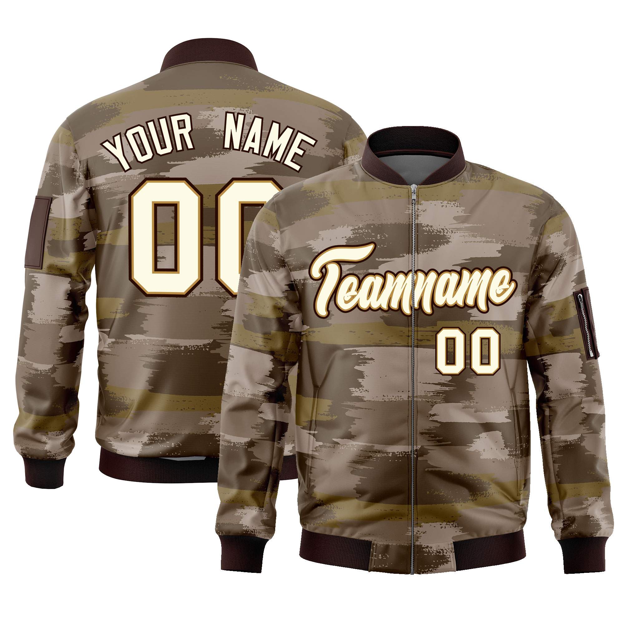 Custom Khaki Black Varsity Full-Zip Camo Letterman Bomber Jacket