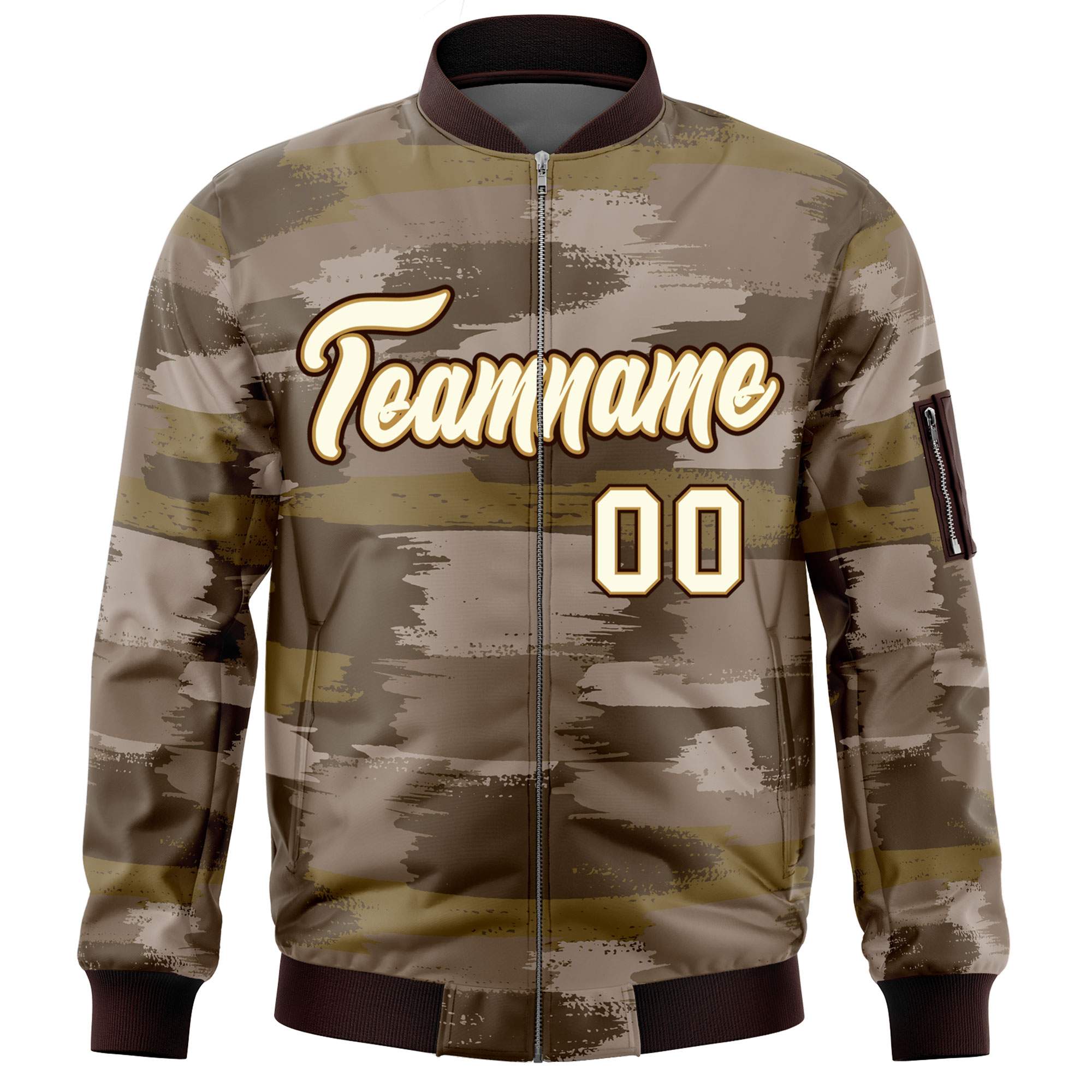 Custom Khaki Black Varsity Full-Zip Camo Letterman Bomber Jacket