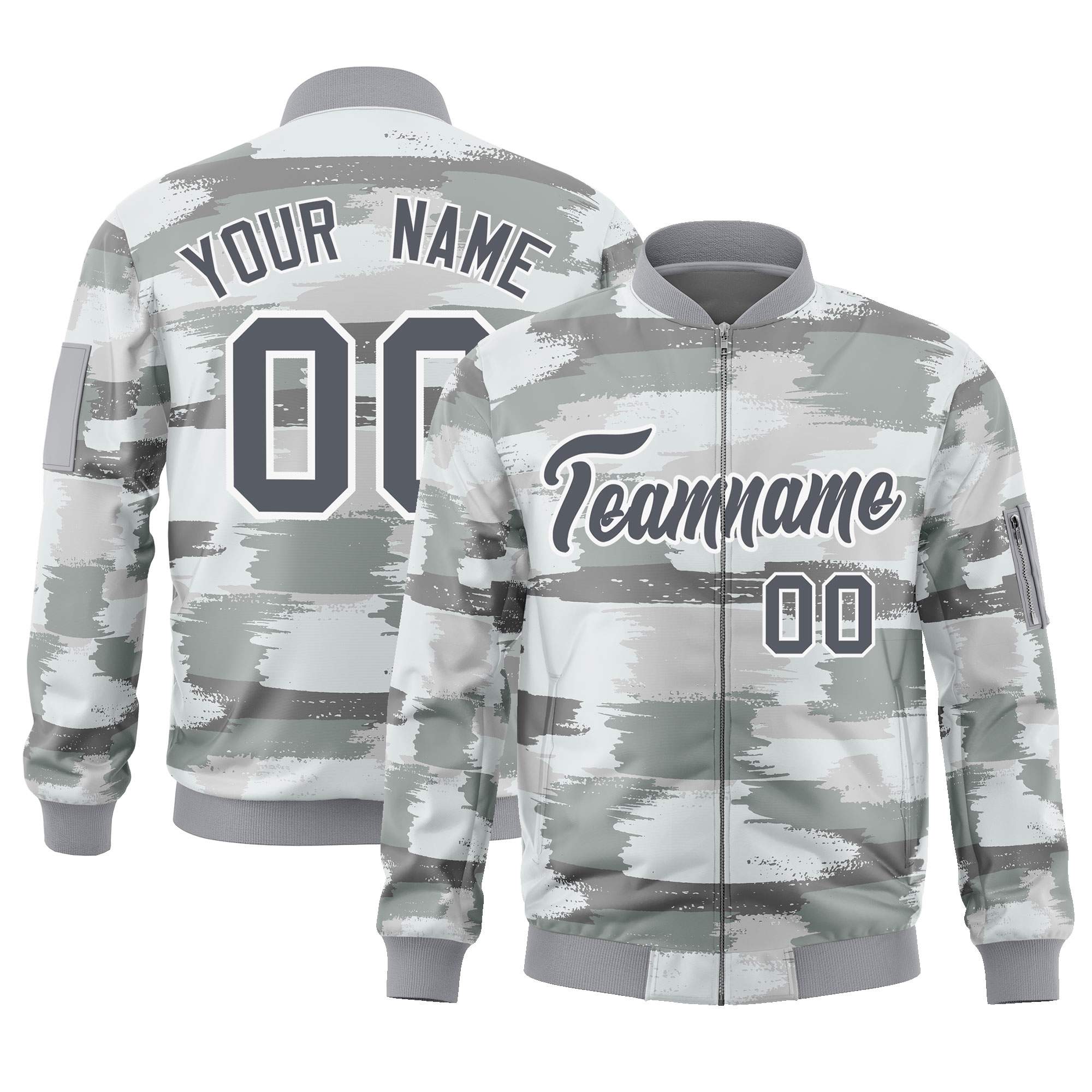 Custom Gray White Varsity Full-Zip Camo Letterman Bomber Jacket