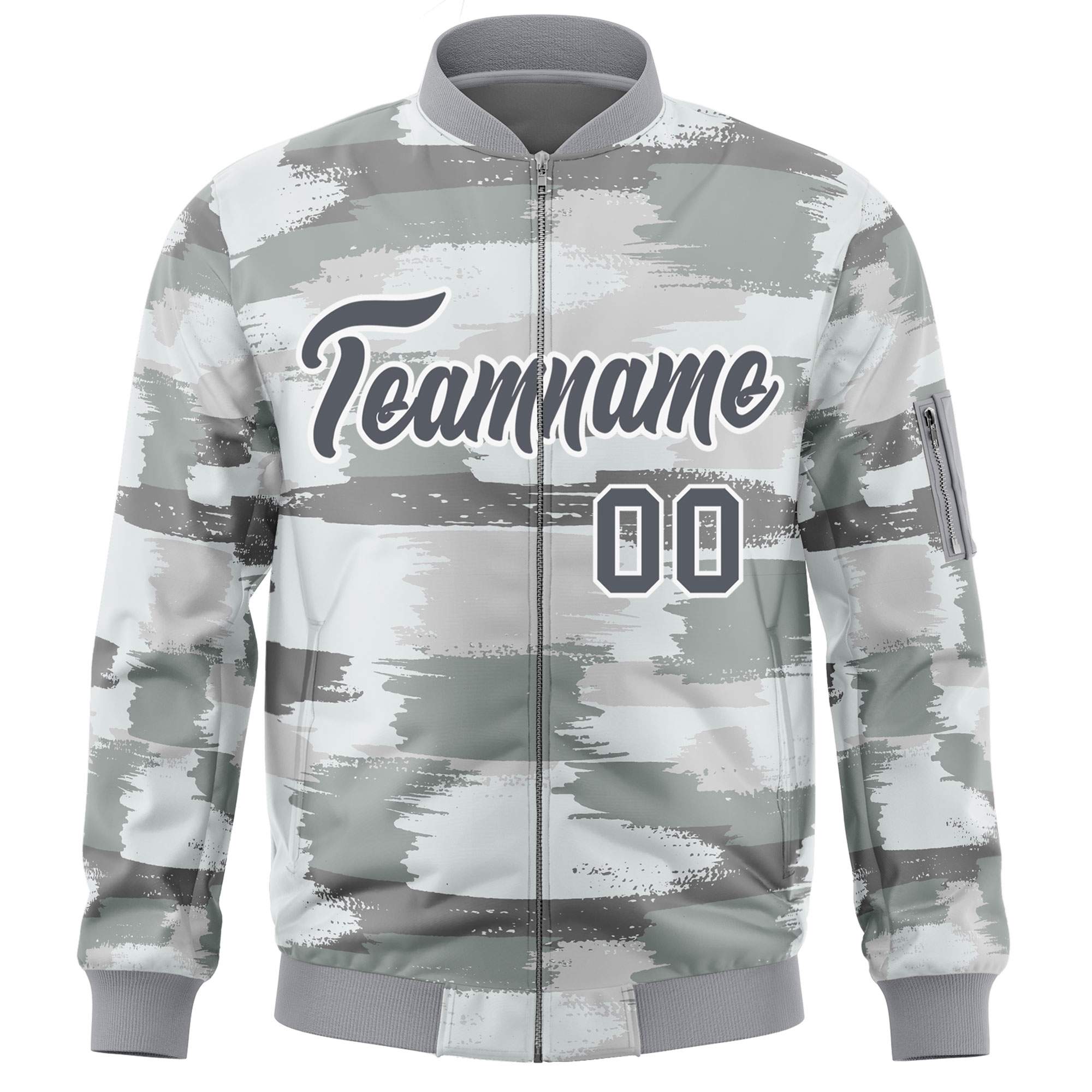 Custom Gray White Varsity Full-Zip Camo Letterman Bomber Jacket