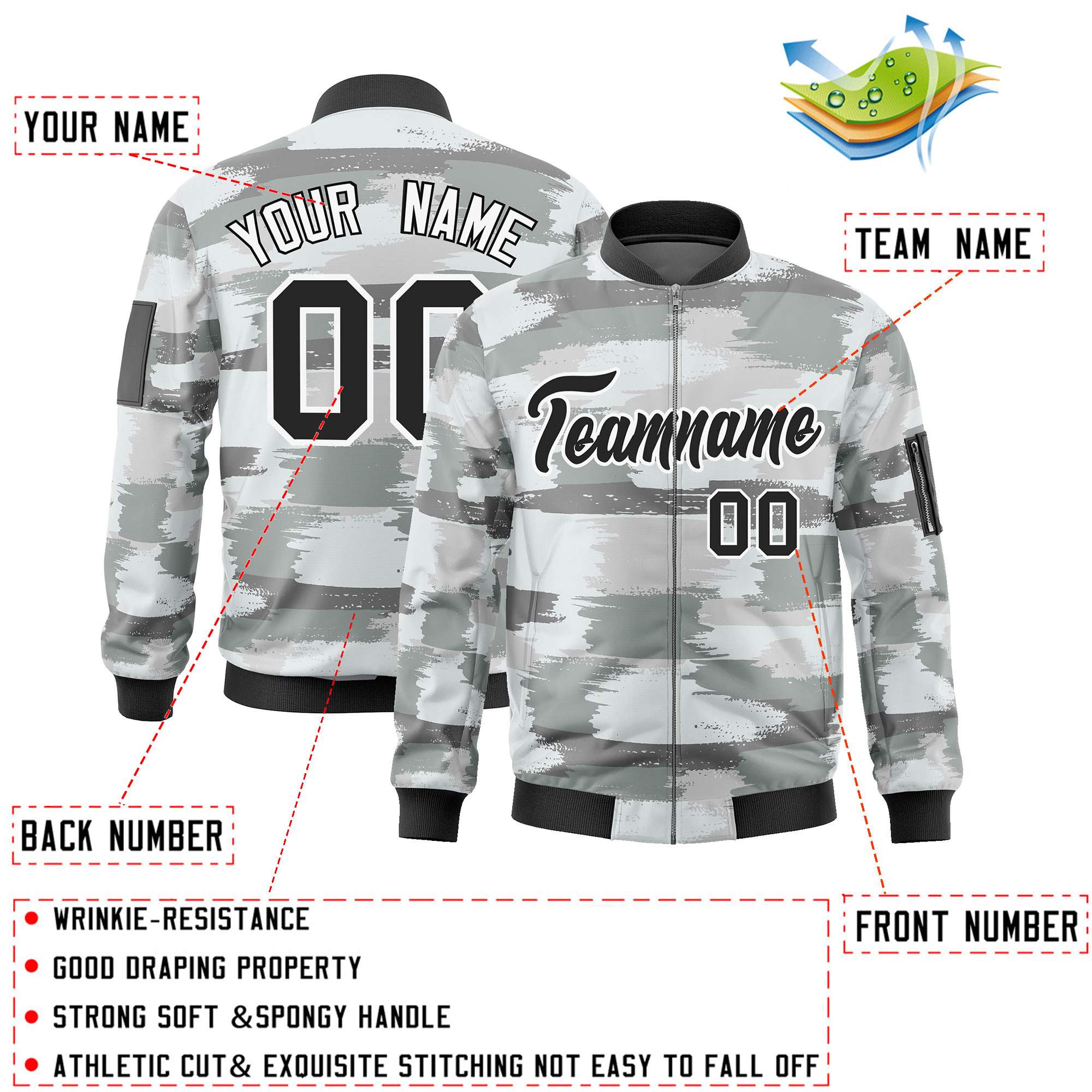 Custom Black White Varsity Full-Zip Camo Letterman Bomber Jacket