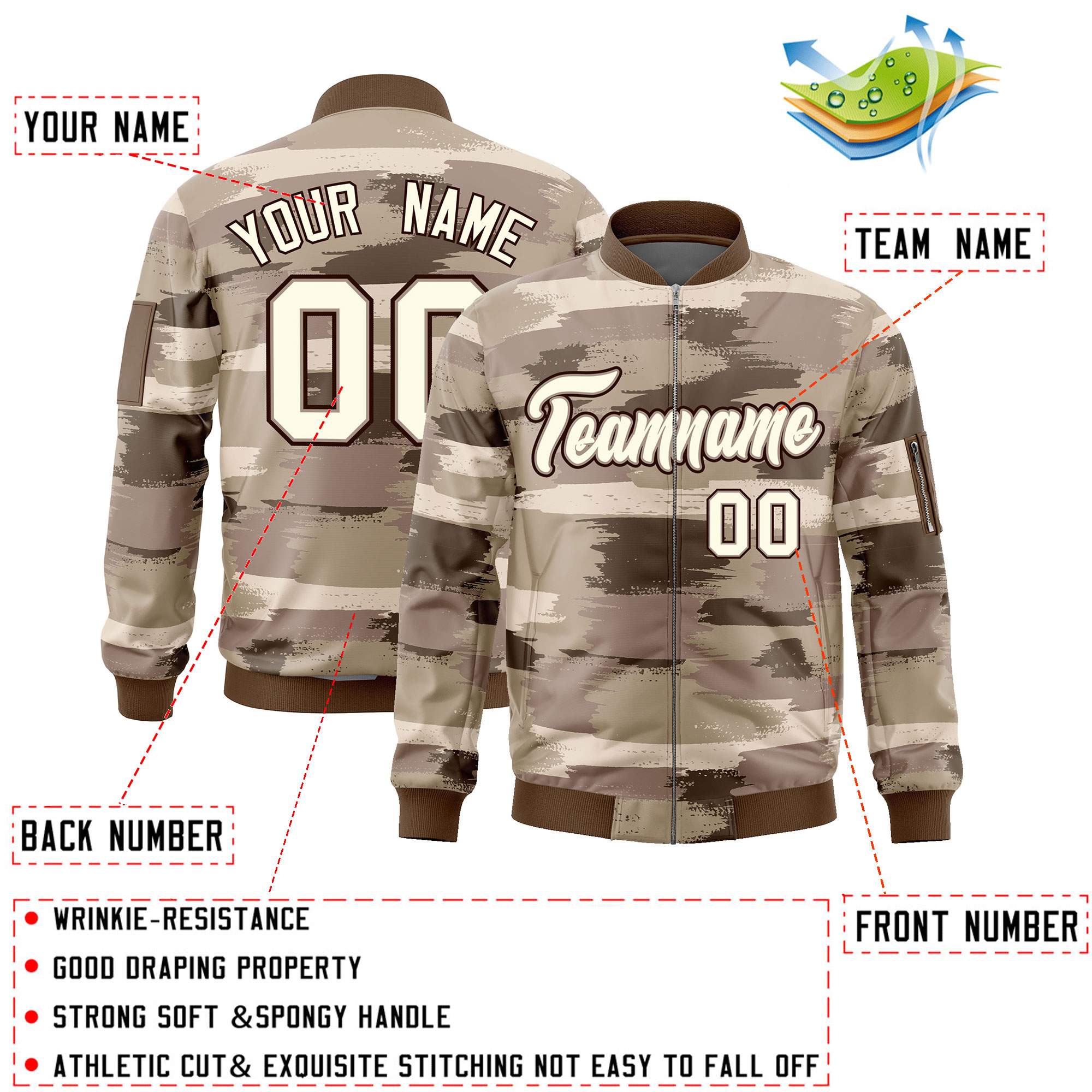 Custom Khaki Black Varsity Full-Zip Camo Letterman Bomber Jacket