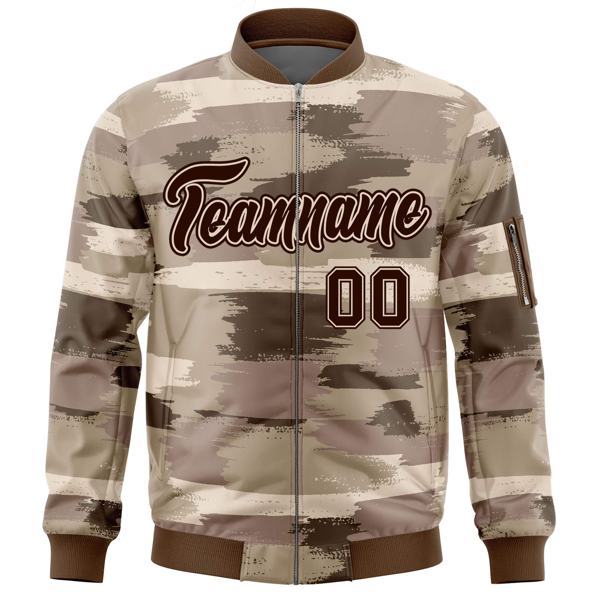 Custom Brown Black Varsity Full-Zip Camo Letterman Bomber Jacket