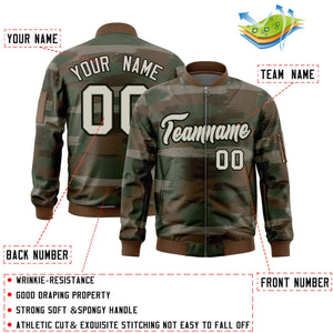 Custom Khaki Black Varsity Full-Zip Camo Letterman Bomber Jacket