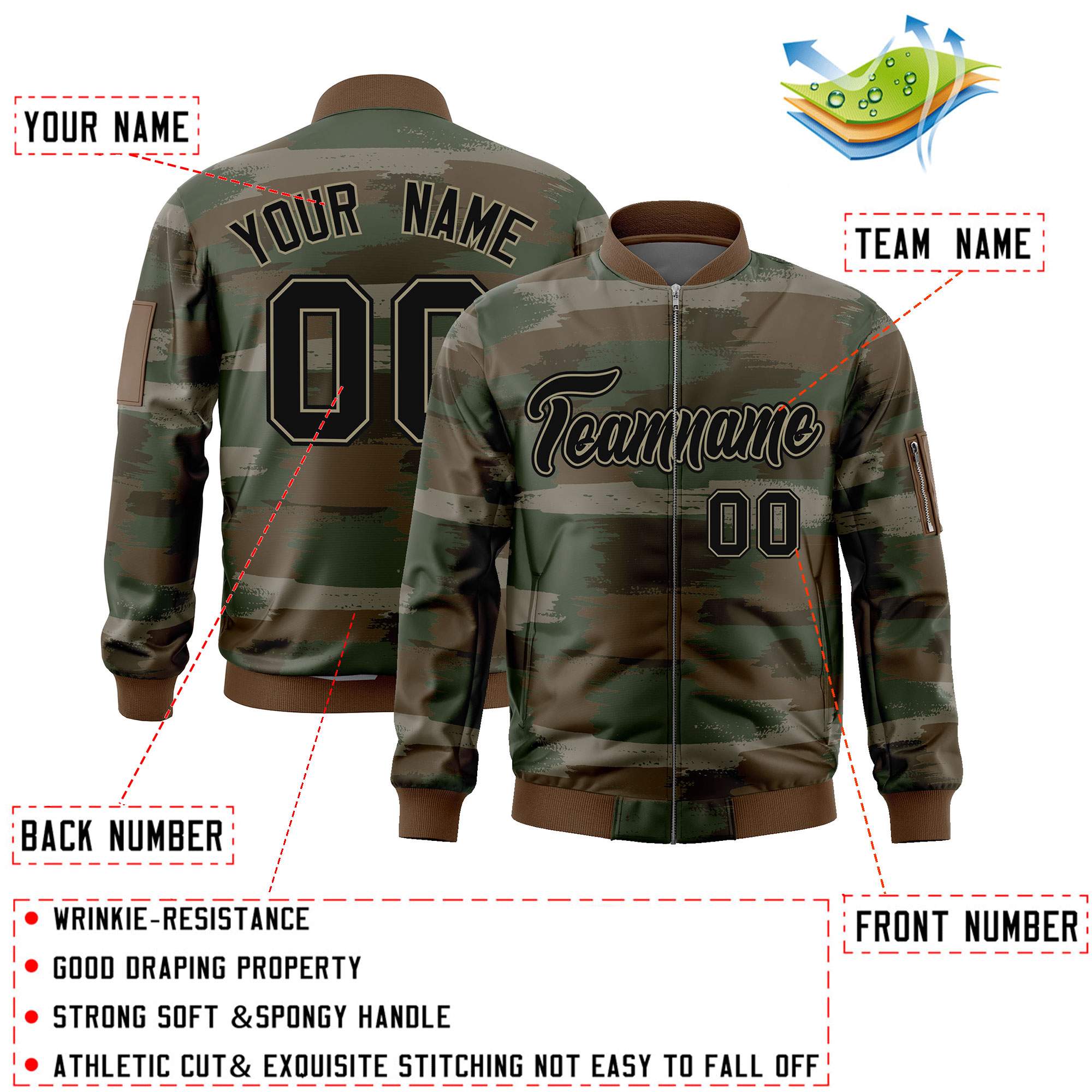 Custom Black Khaki Varsity Full-Zip Camo Letterman Bomber Jacket