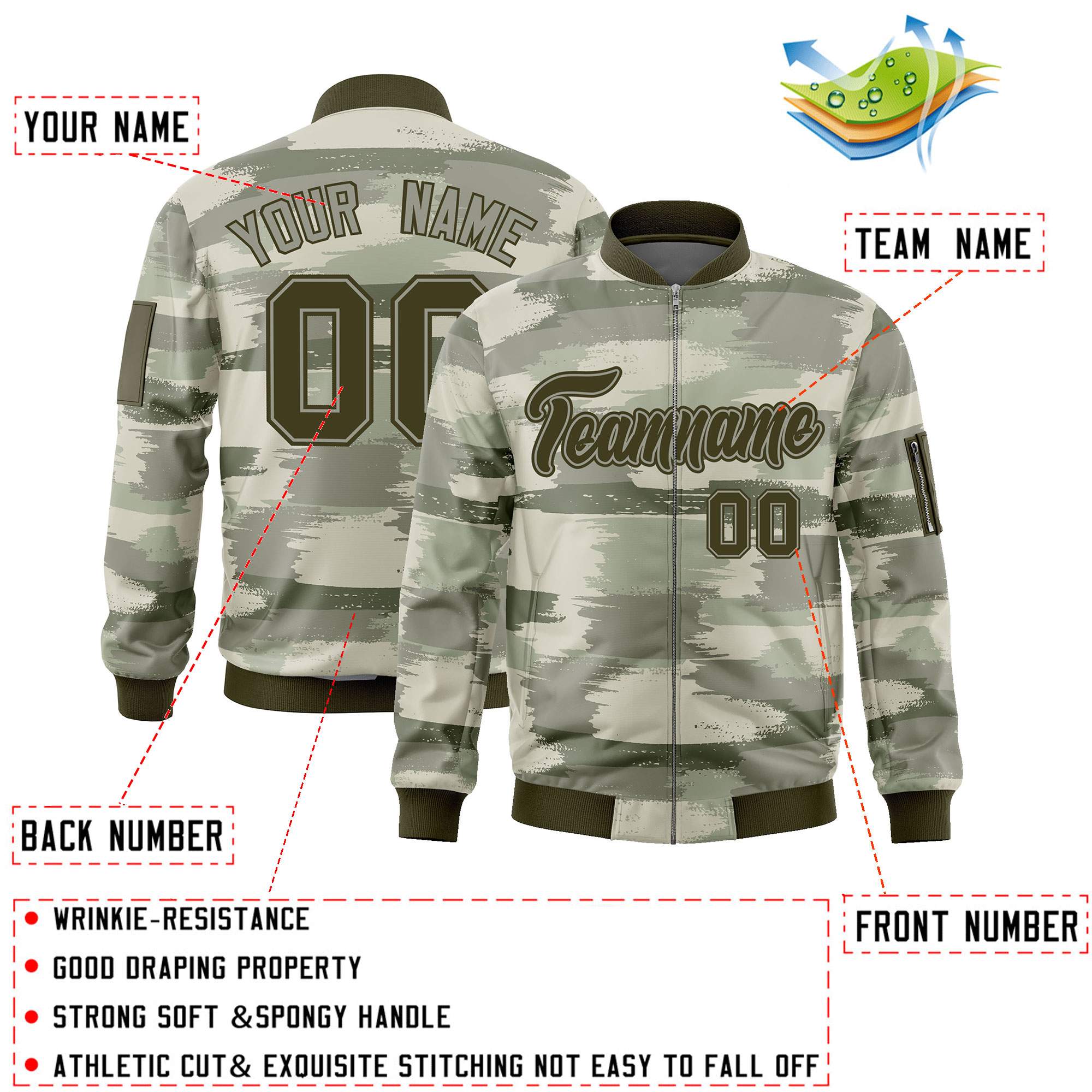 Custom Olive Khaki Varsity Full-Zip Camo Letterman Bomber Jacket