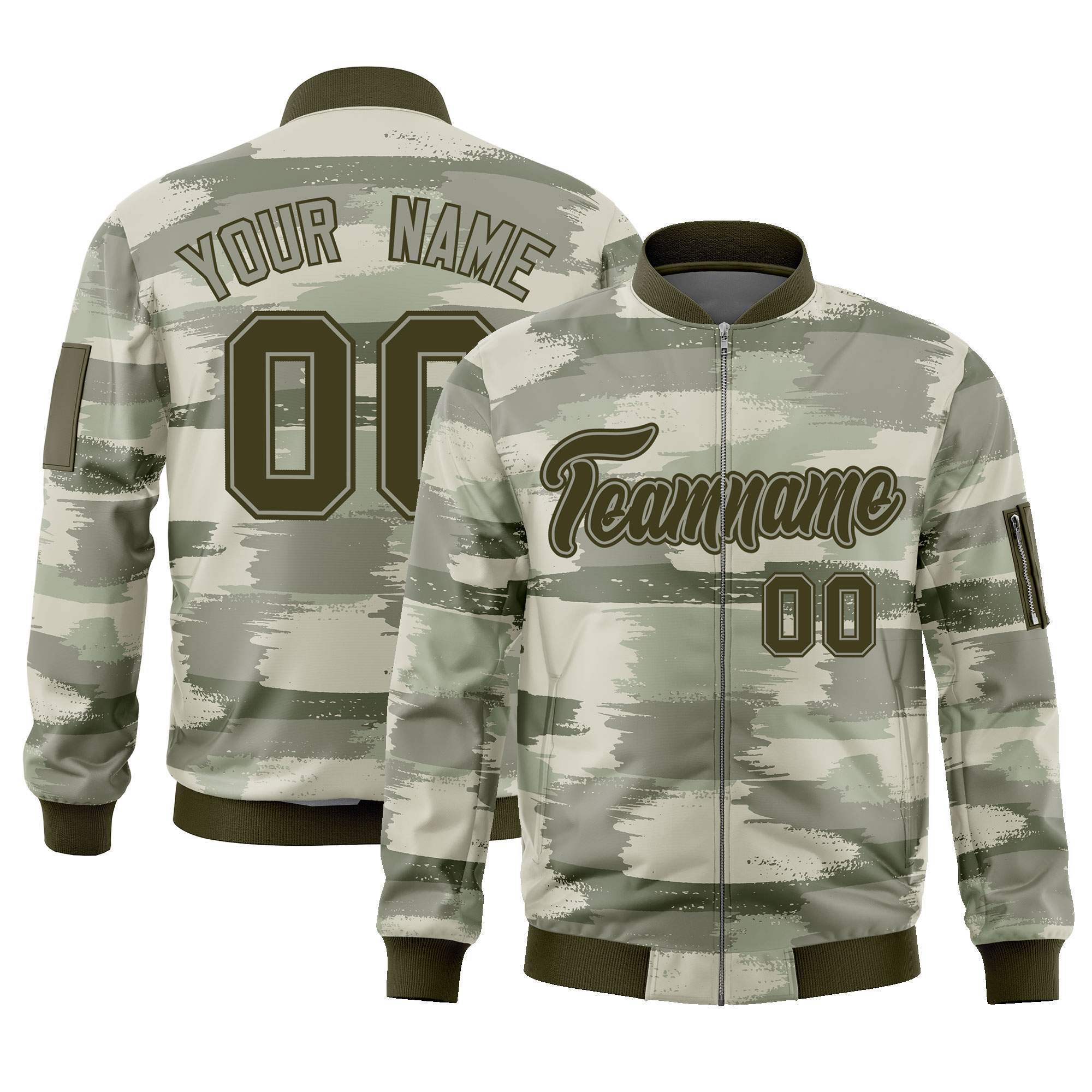 Custom Olive Khaki Varsity Full-Zip Camo Letterman Bomber Jacket