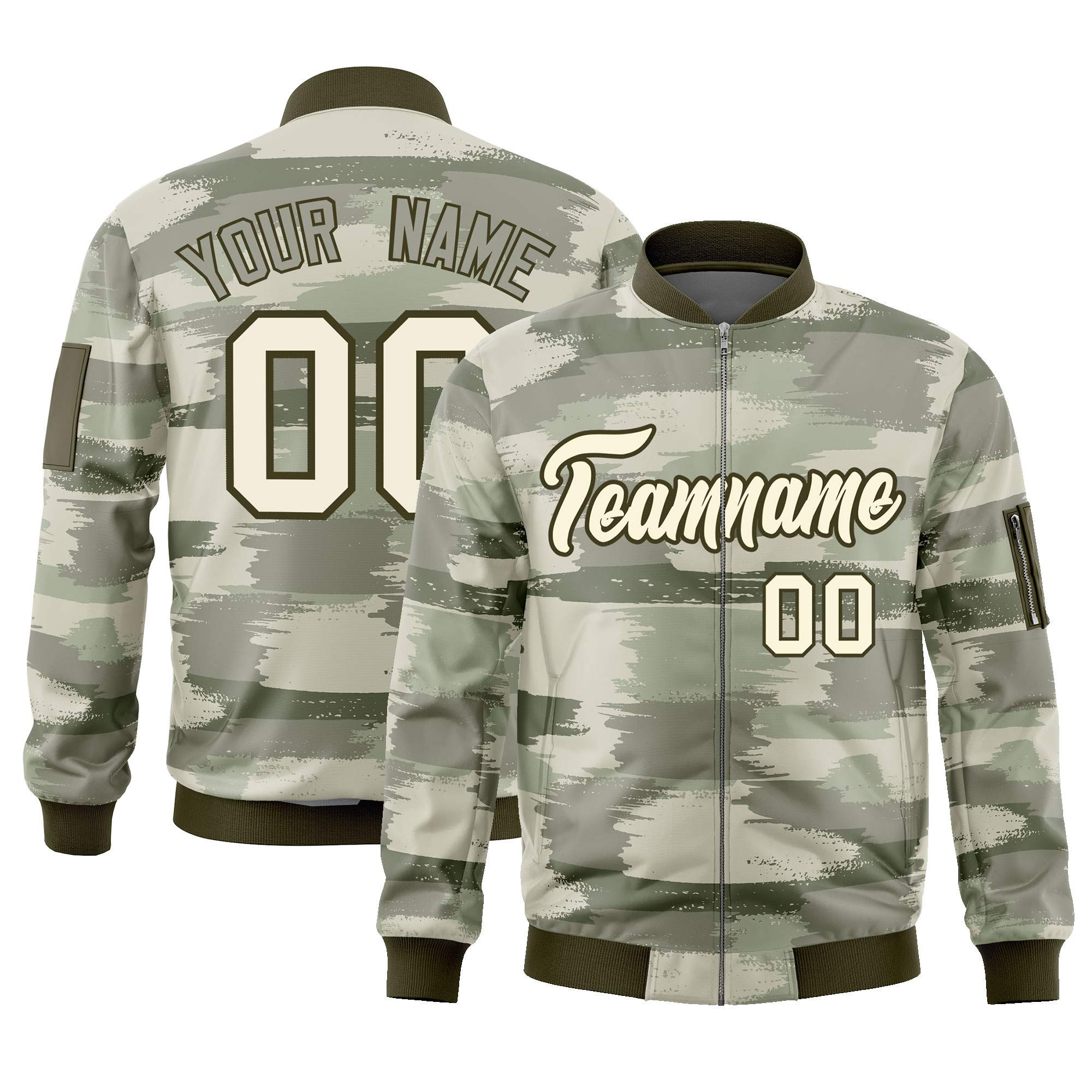 Custom Khaki Olive Varsity Full-Zip Camo Letterman Bomber Jacket