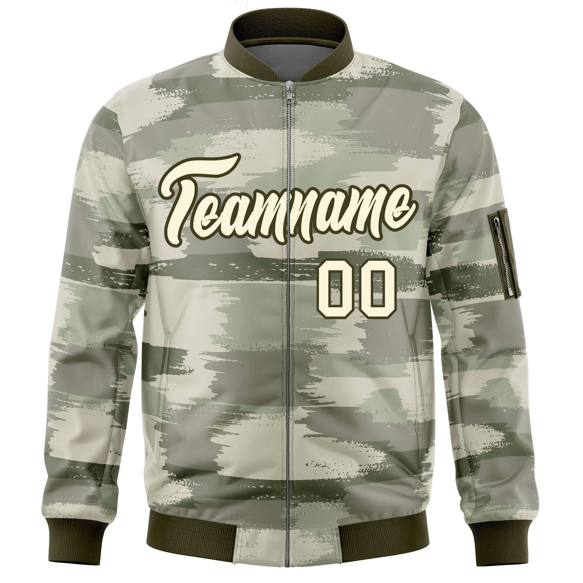 Custom Khaki Olive Varsity Full-Zip Camo Letterman Bomber Jacket