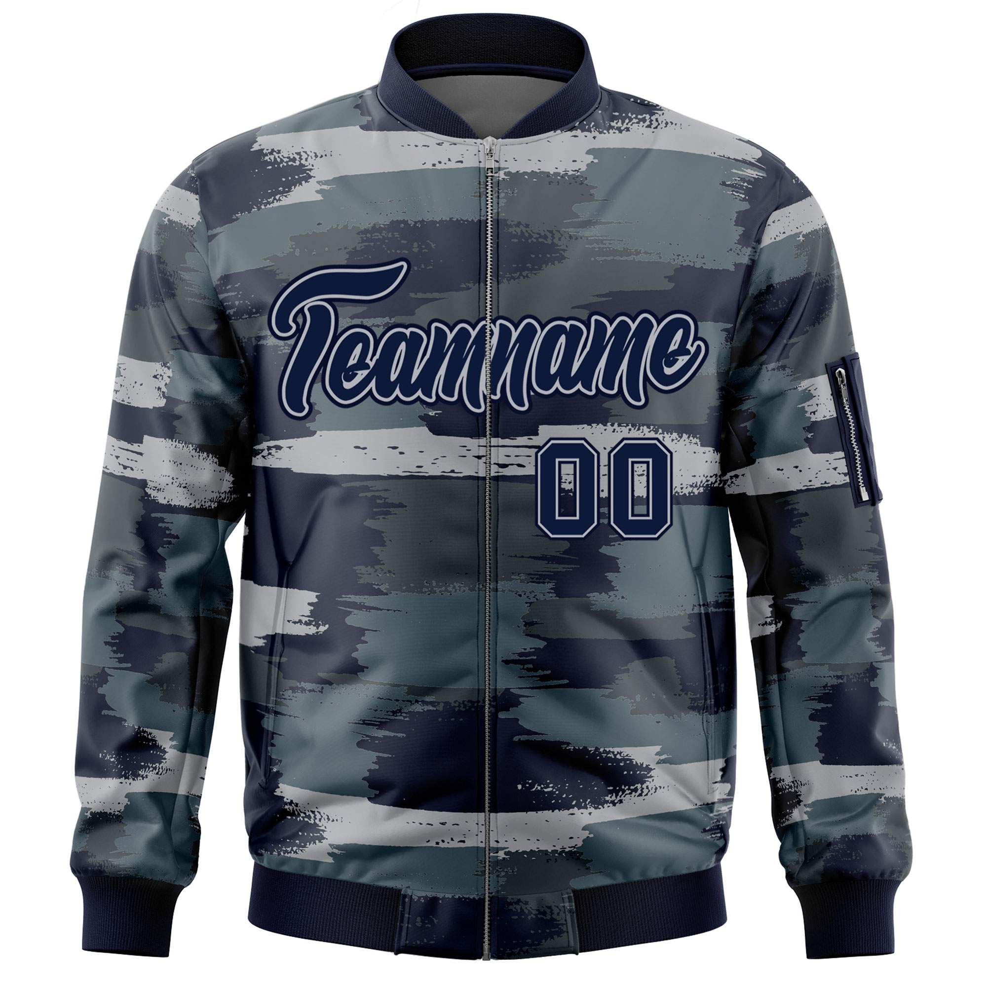 Custom Navy Gray Varsity Full-Zip Camo Letterman Bomber Jacket