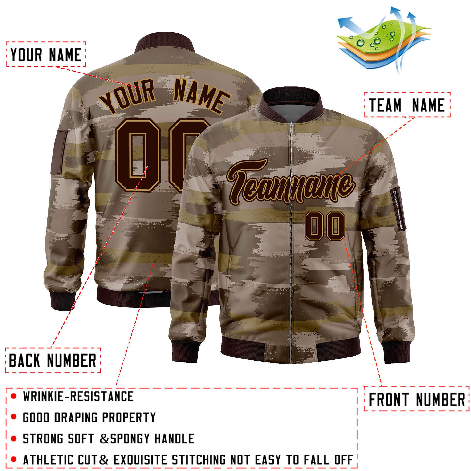 Custom Brown Old Gold Varsity Full-Zip Camo Letterman Bomber Jacket