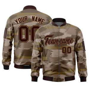 Custom Brown Old Gold Varsity Full-Zip Camo Letterman Bomber Jacket