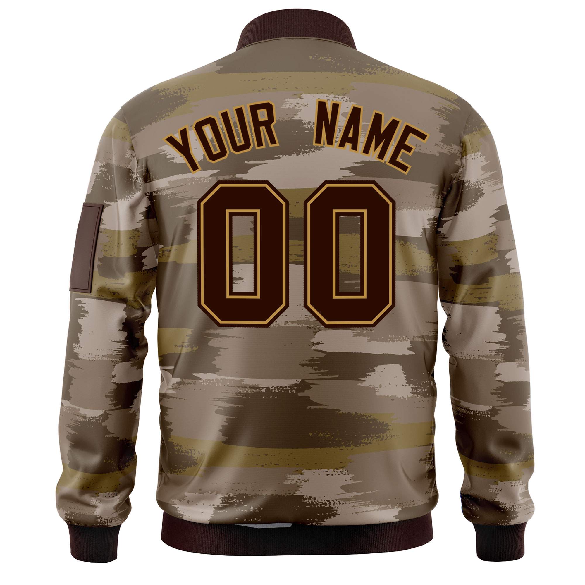 Custom Brown Old Gold Varsity Full-Zip Camo Letterman Bomber Jacket