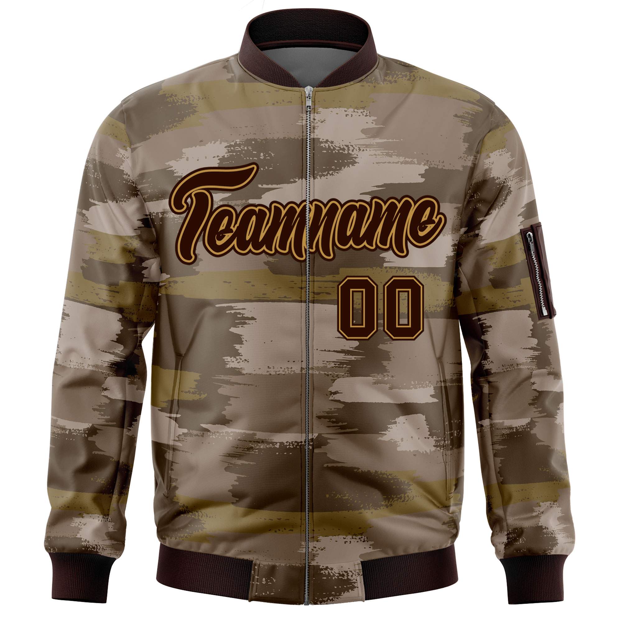 Custom Brown Old Gold Varsity Full-Zip Camo Letterman Bomber Jacket