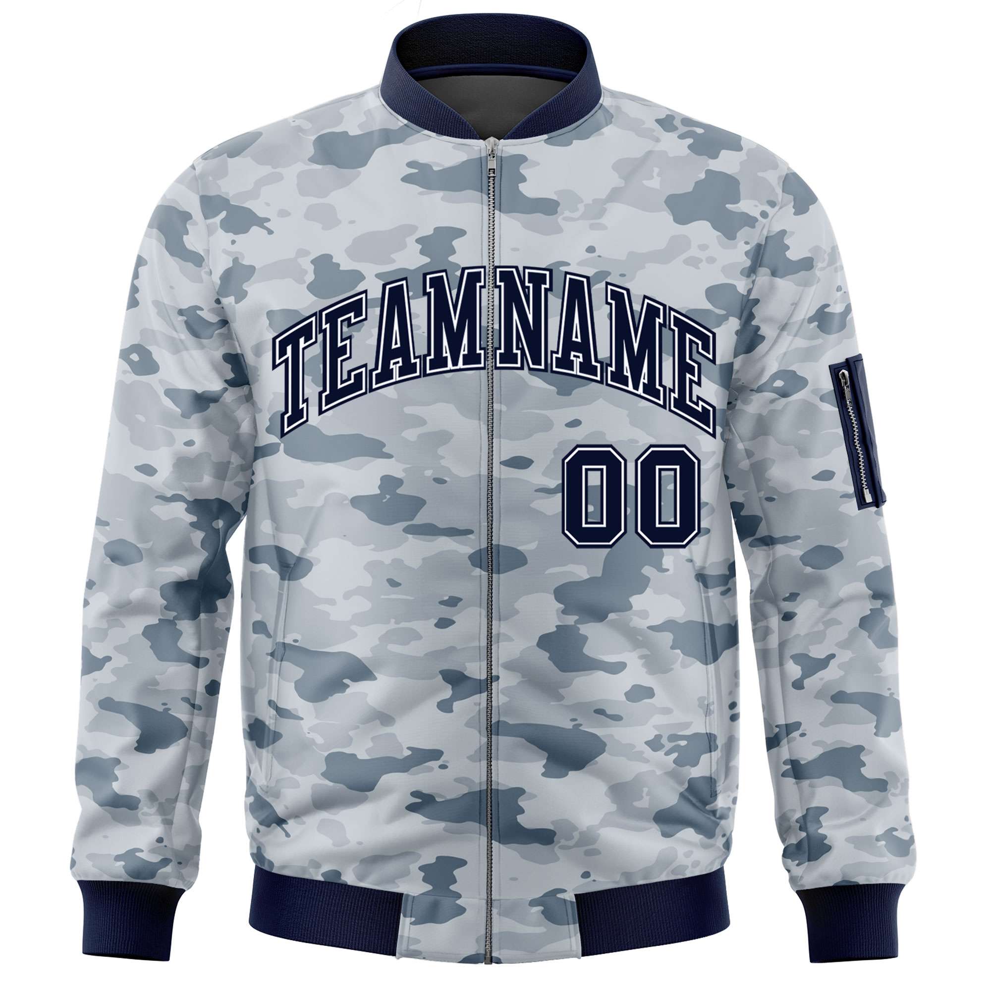 Custom Navy White Varsity Full-Zip Camo Letterman Bomber Jacket