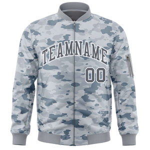 Custom Gray White Varsity Full-Zip Camo Letterman Bomber Jacket