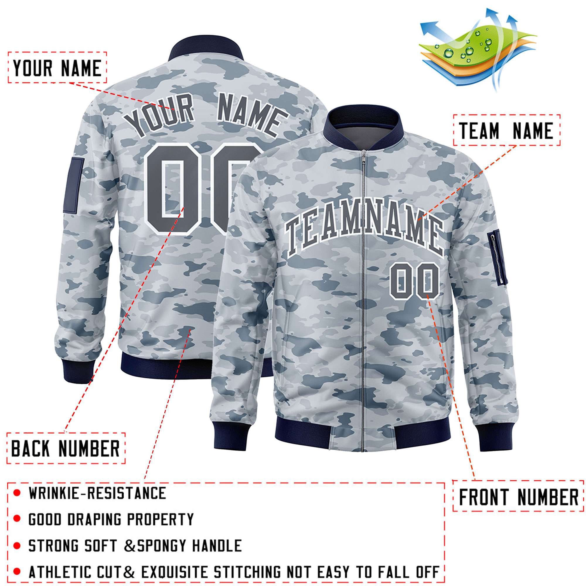 Custom Gray White Varsity Full-Zip Camo Letterman Bomber Jacket