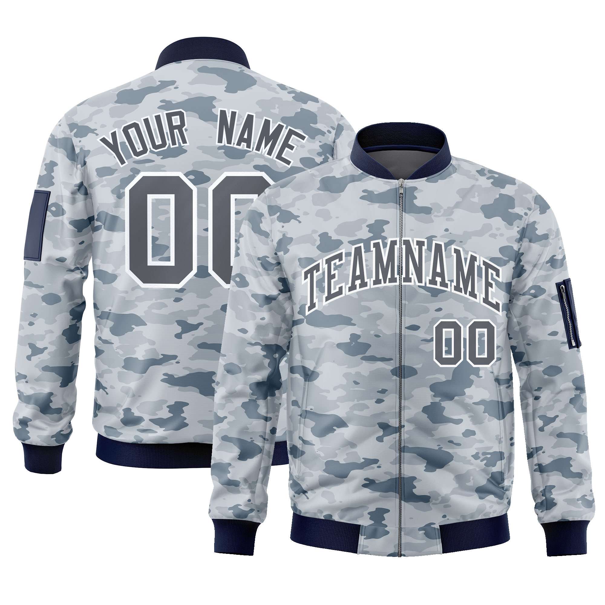 Custom Gray White Varsity Full-Zip Camo Letterman Bomber Jacket