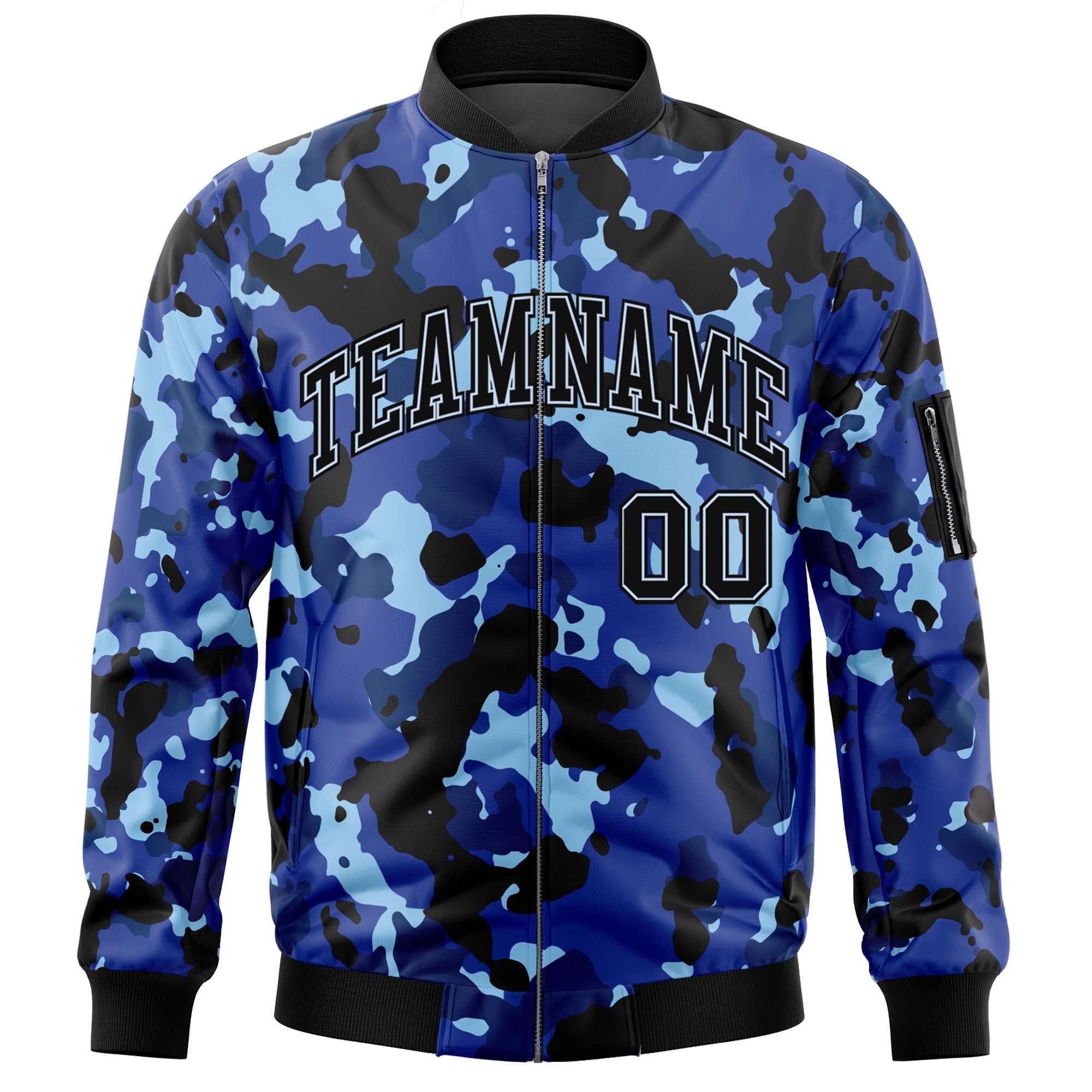 Custom Navy White Varsity Full-Zip Camo Letterman Bomber Jacket