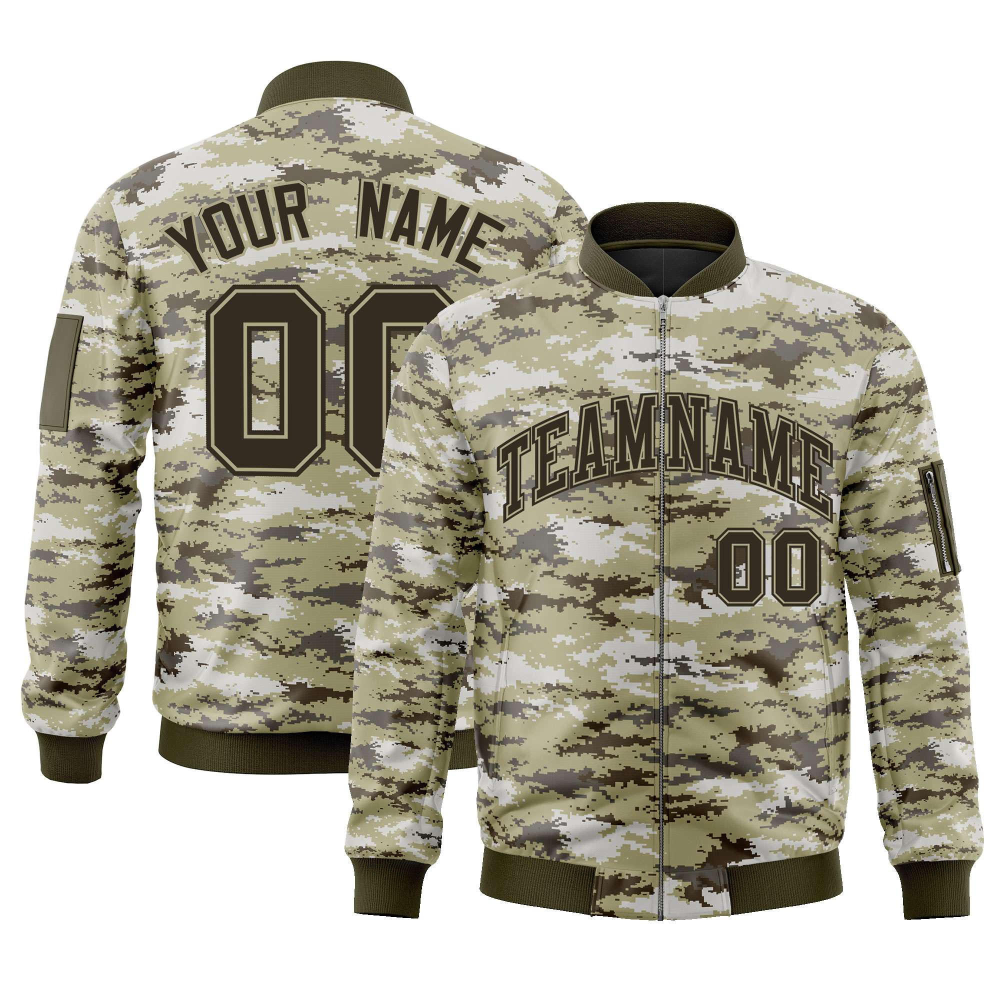 Custom Olive Varsity Full-Zip Camo Letterman Bomber Jacket