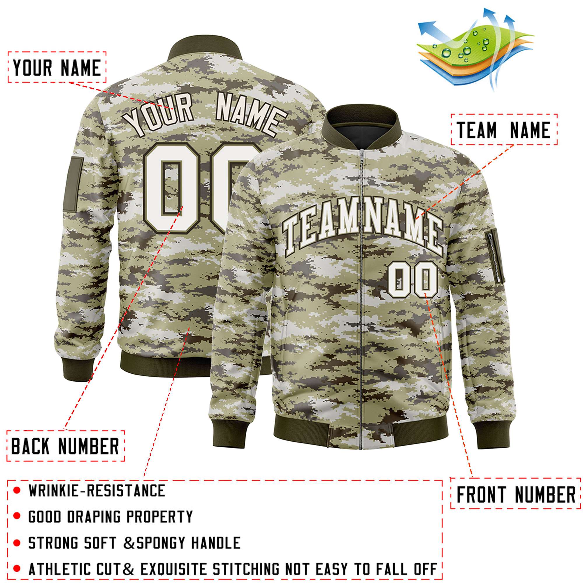 Custom White Olive Varsity Full-Zip Camo Letterman Bomber Jacket