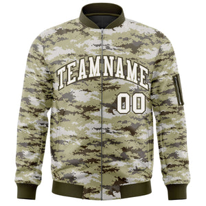 Custom White Olive Varsity Full-Zip Camo Letterman Bomber Jacket