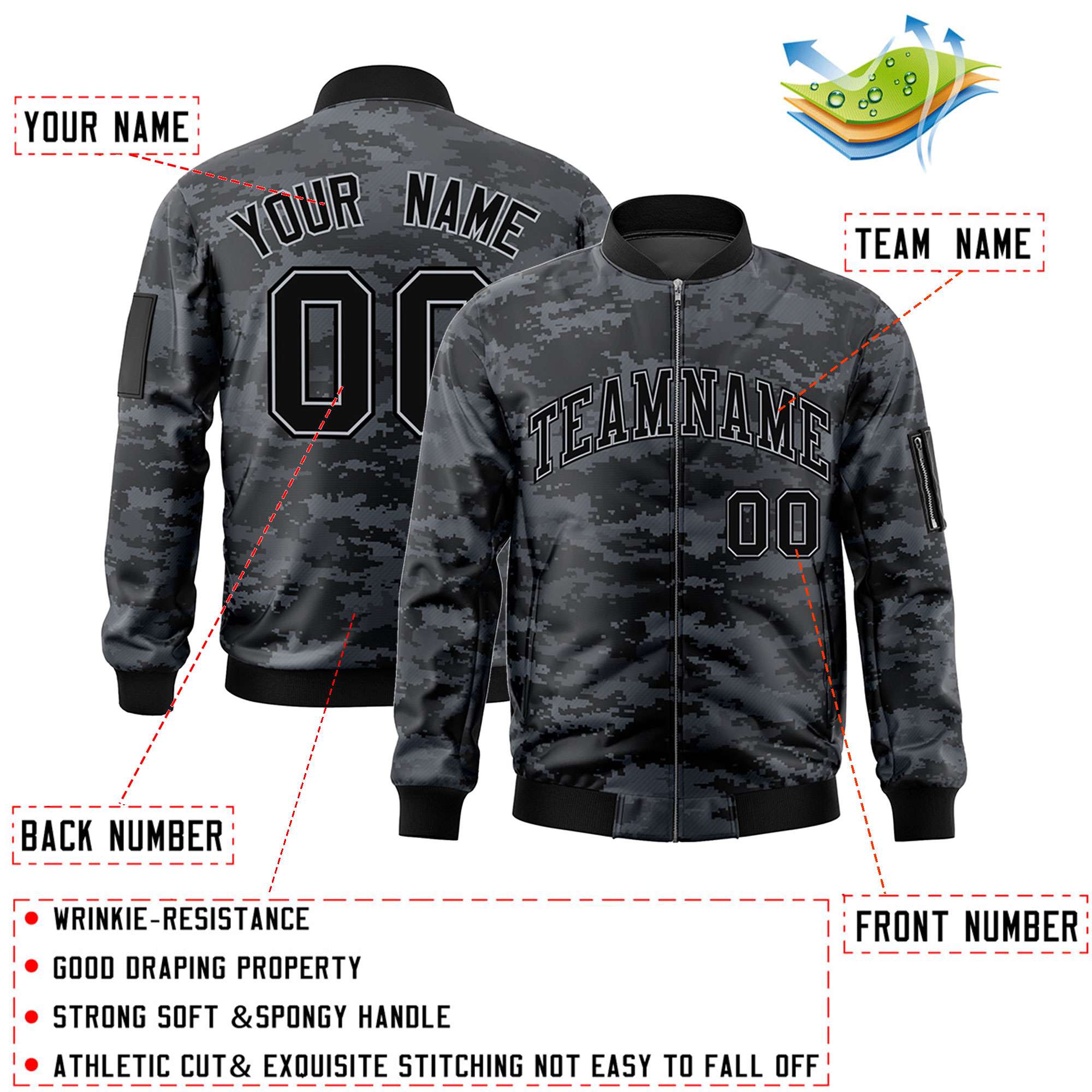 Custom Black Gray Varsity Full-Zip Camo Letterman Bomber Jacket