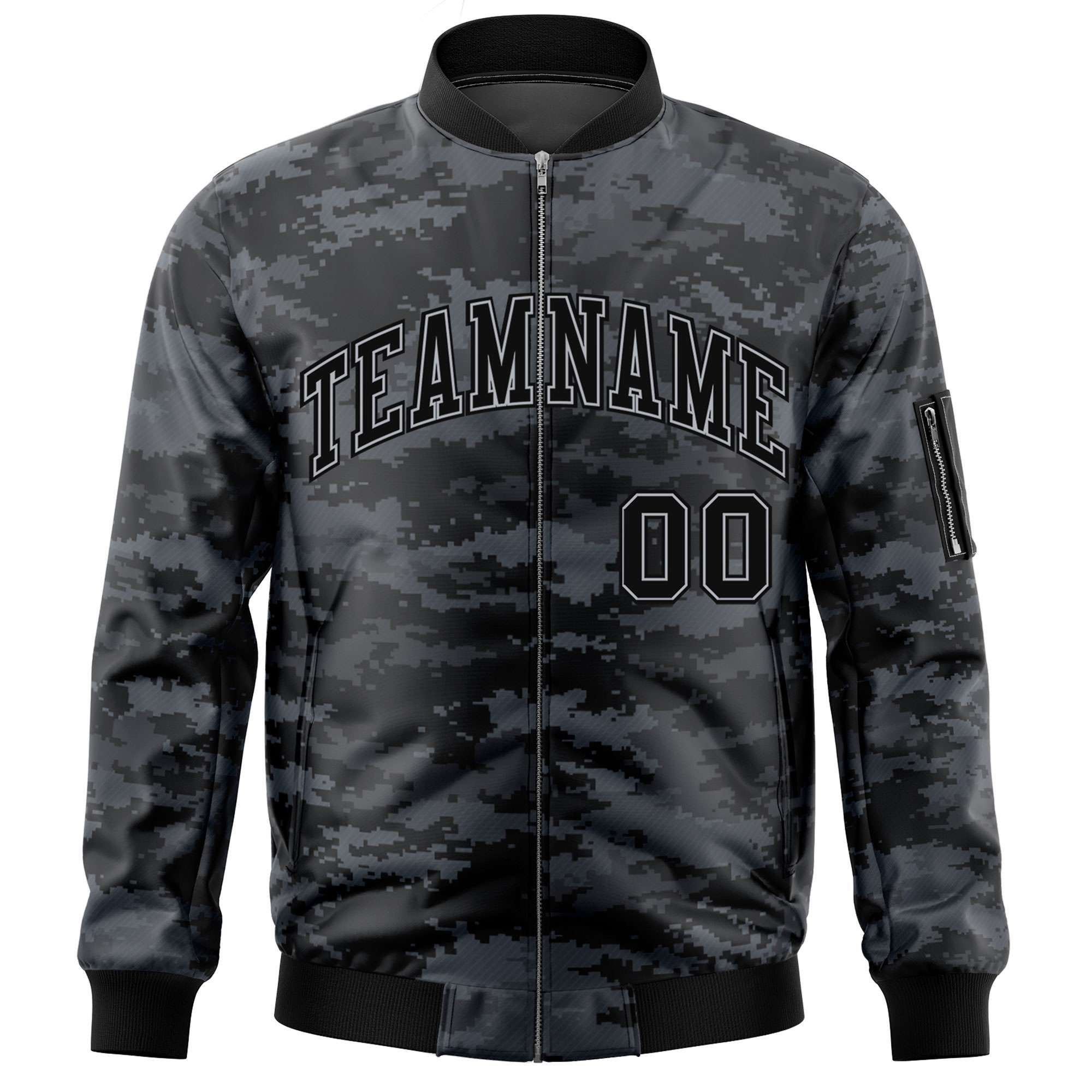 Custom Black Gray Varsity Full-Zip Camo Letterman Bomber Jacket