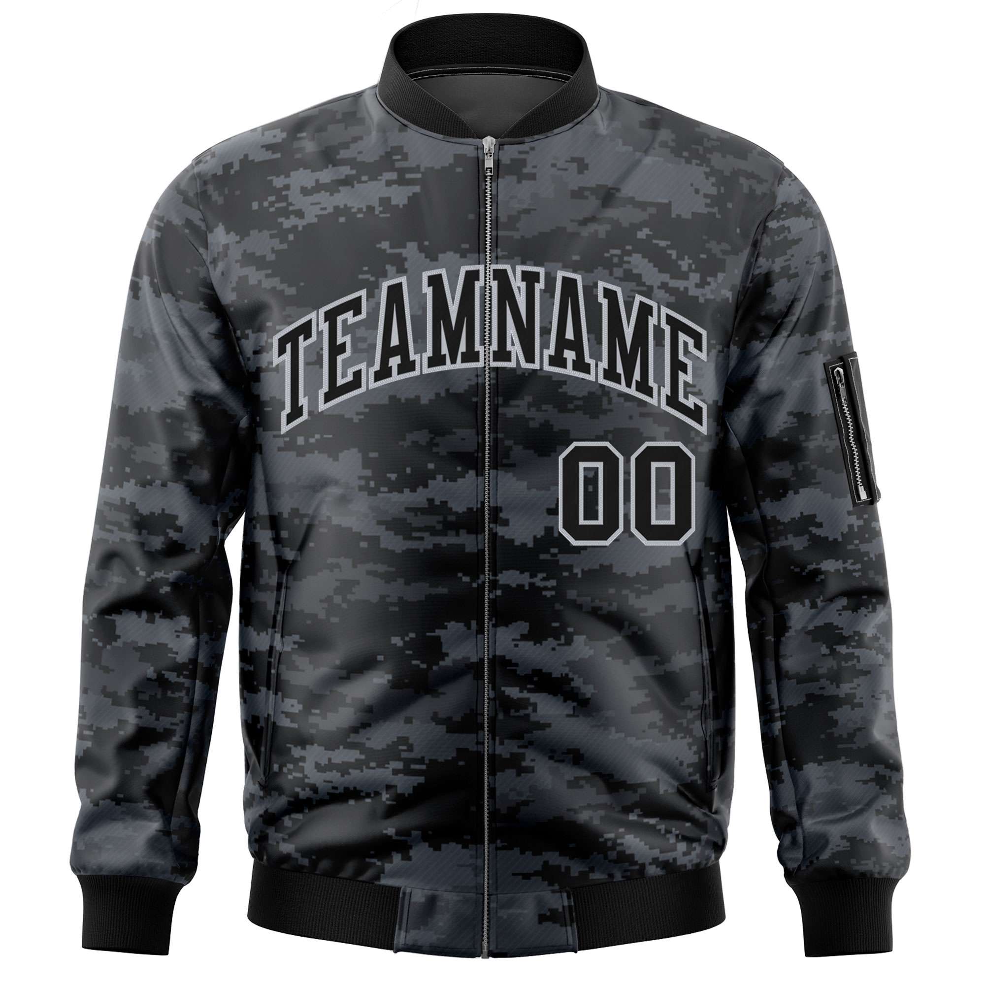 Custom Black Gray Varsity Full-Zip Camo Letterman Bomber Jacket