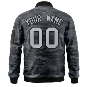 Custom Gray Black Varsity Full-Zip Camo Letterman Bomber Jacket