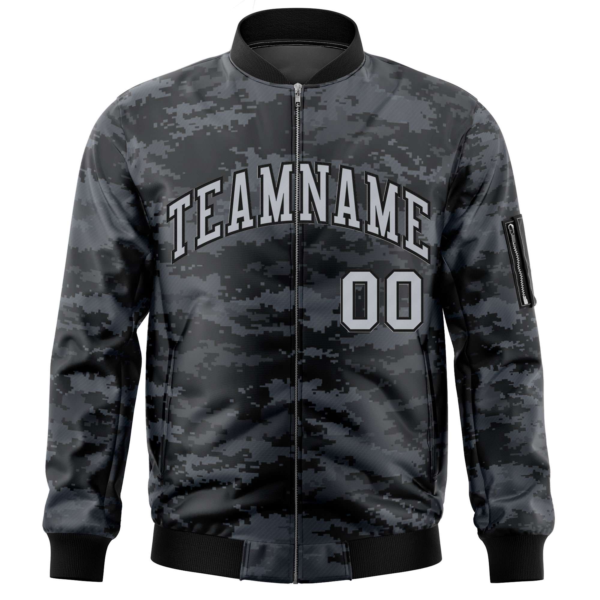 Custom Gray Black Varsity Full-Zip Camo Letterman Bomber Jacket