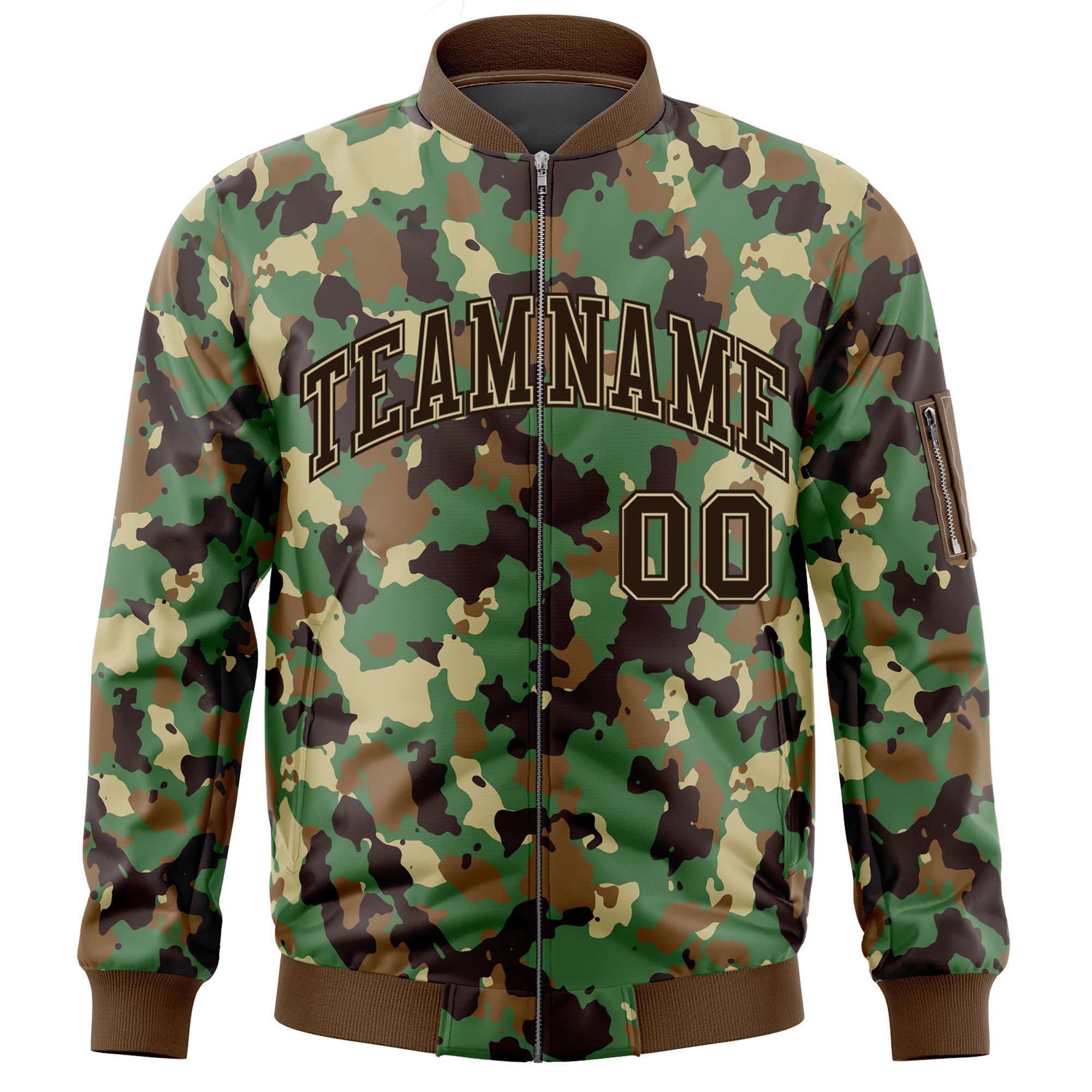 Custom Brown Khaki Varsity Full-Zip Camo Letterman Bomber Jacket