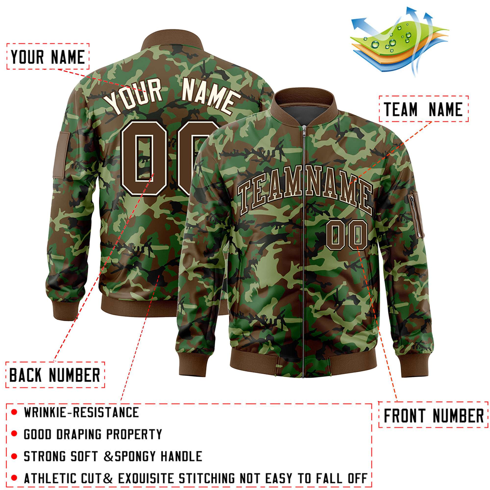 Custom Brown Khaki Varsity Full-Zip Camo Letterman Bomber Jacket