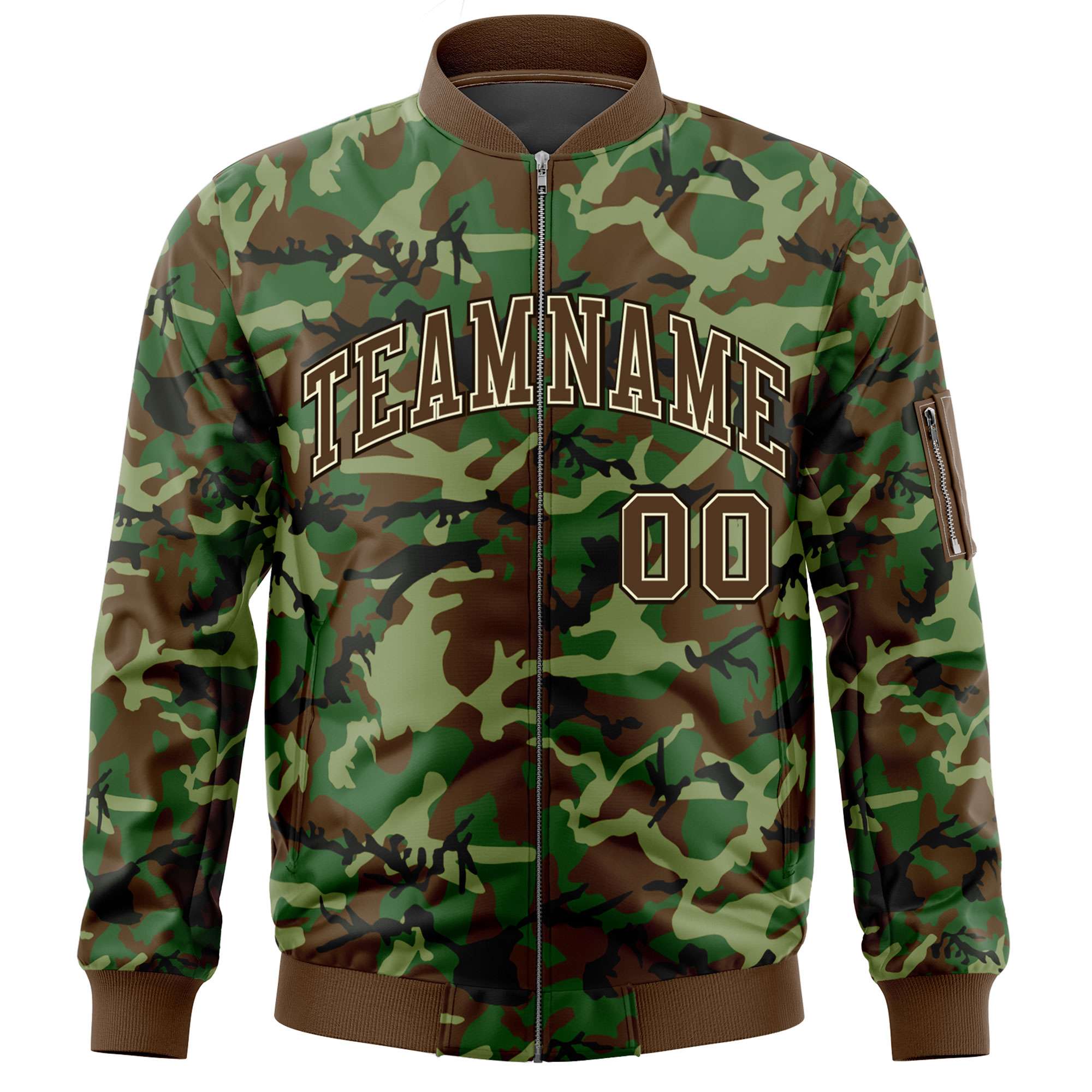 Custom Brown Khaki Varsity Full-Zip Camo Letterman Bomber Jacket